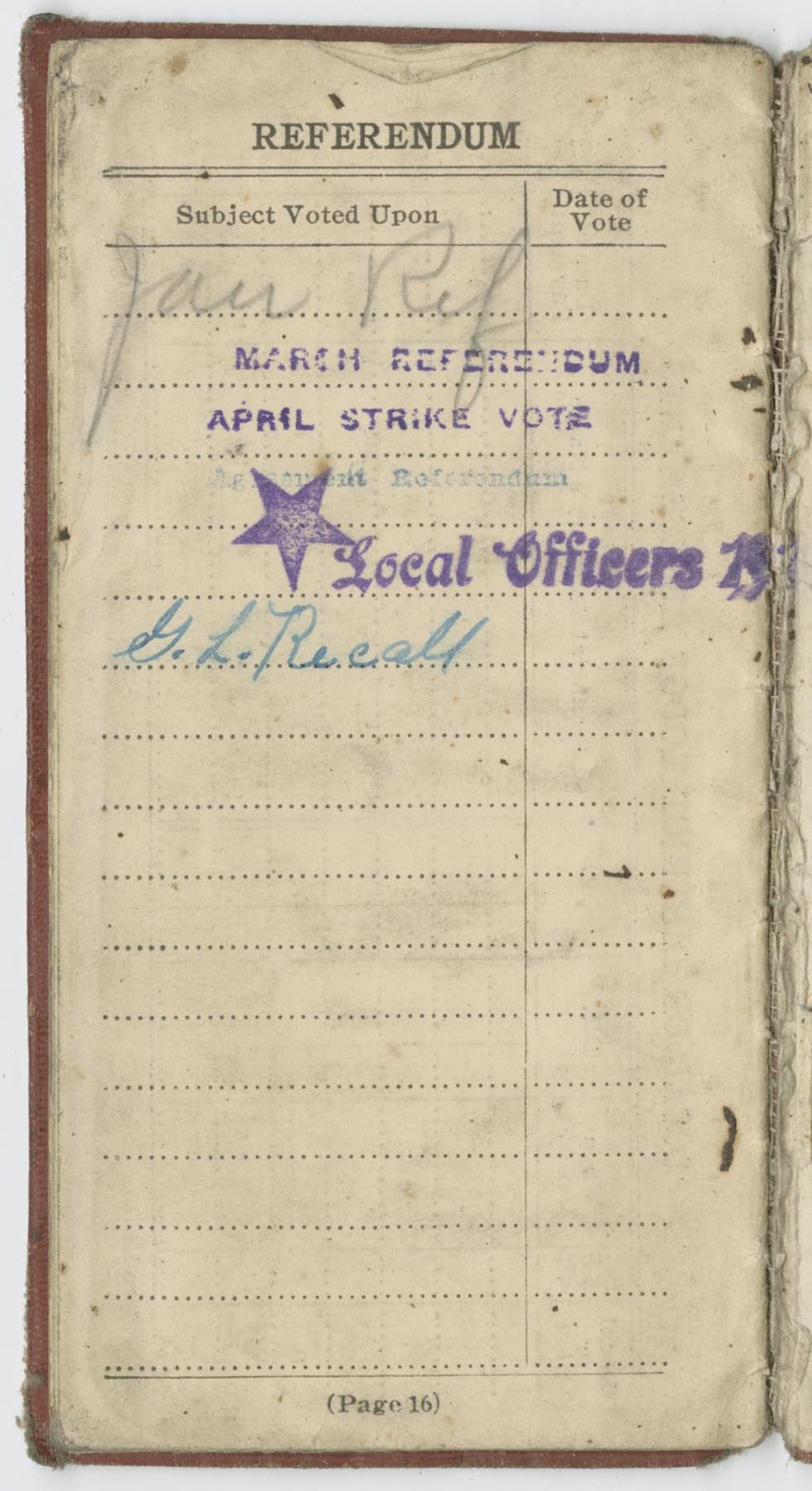 Image of Gus Carlson's machinists union dues book, 1919-1923