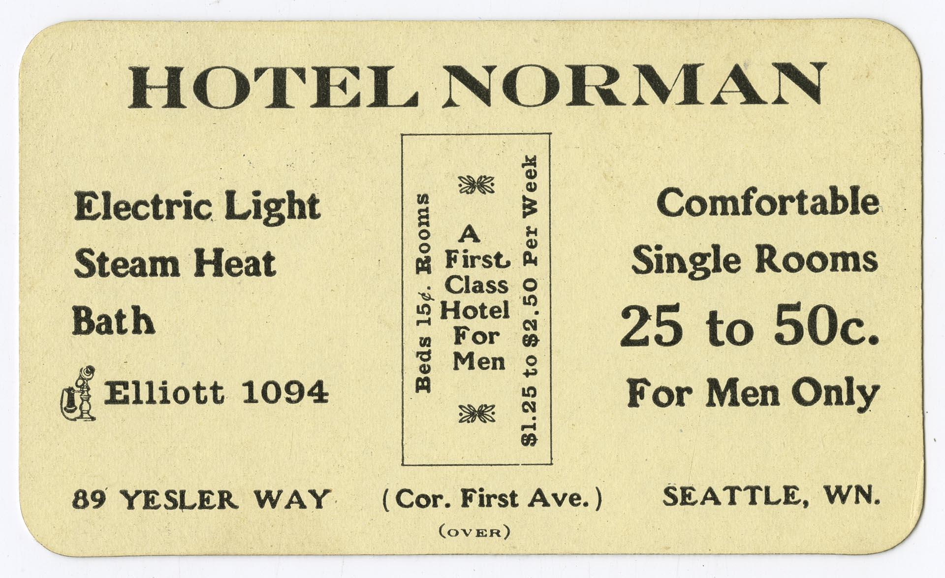 Image of Business card for the Hotel Norman, Seattle, circa 1912