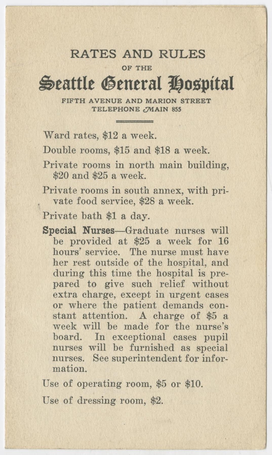 Image of Rates and Rules of the Seattle General Hospital, circa 1910