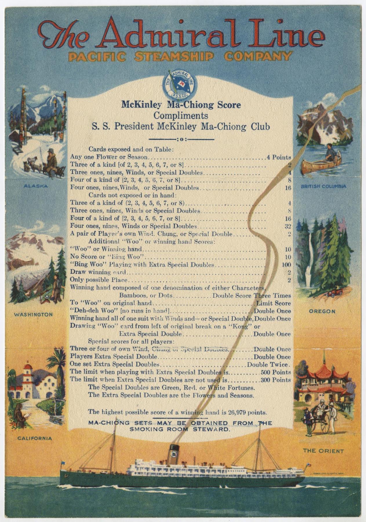 Image of Admiral Line Ma-Chiong score card, circa 1925