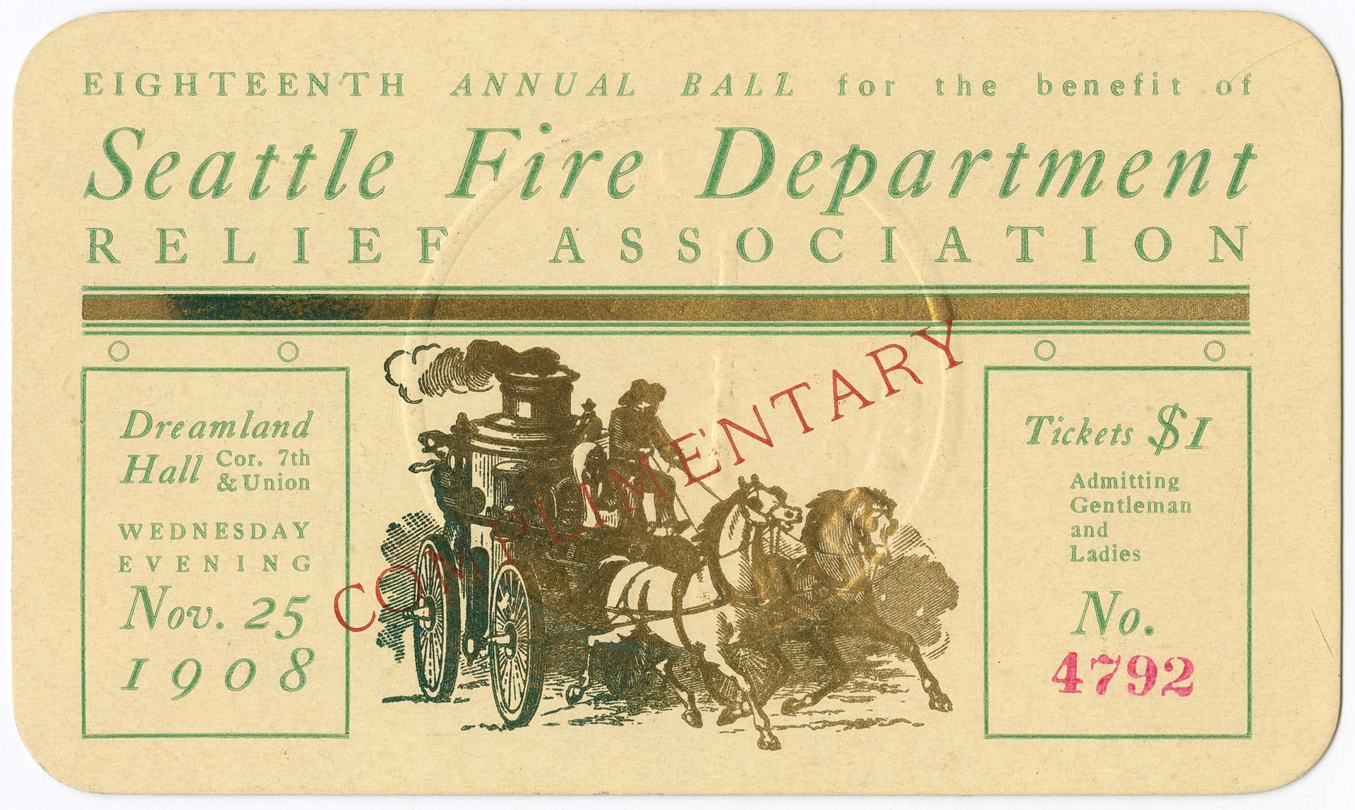 Image of SFD annual charity ball ticket, November 25, 1908