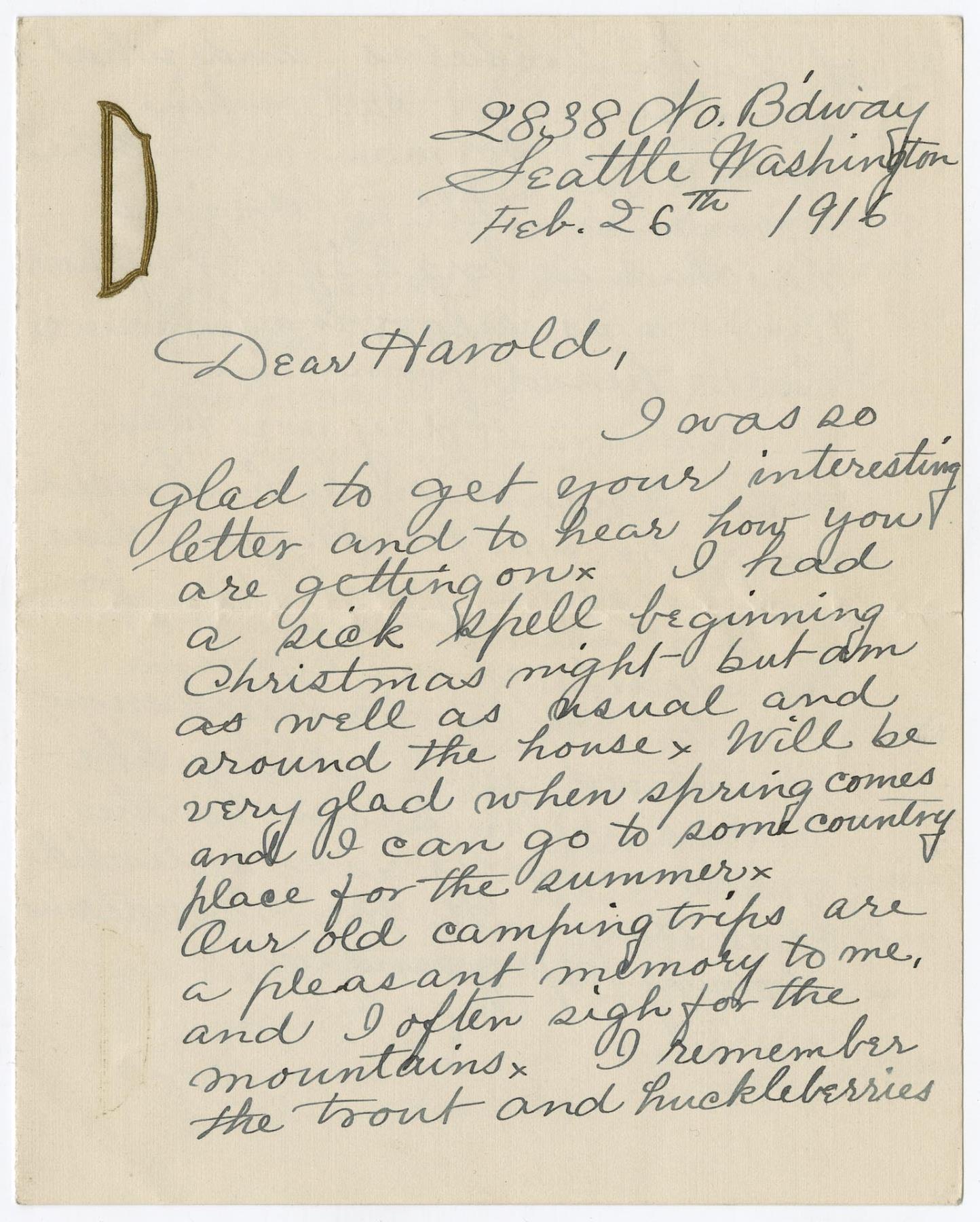 Image of Louisa Denny's letter to Harold Denny, February 26, 1916