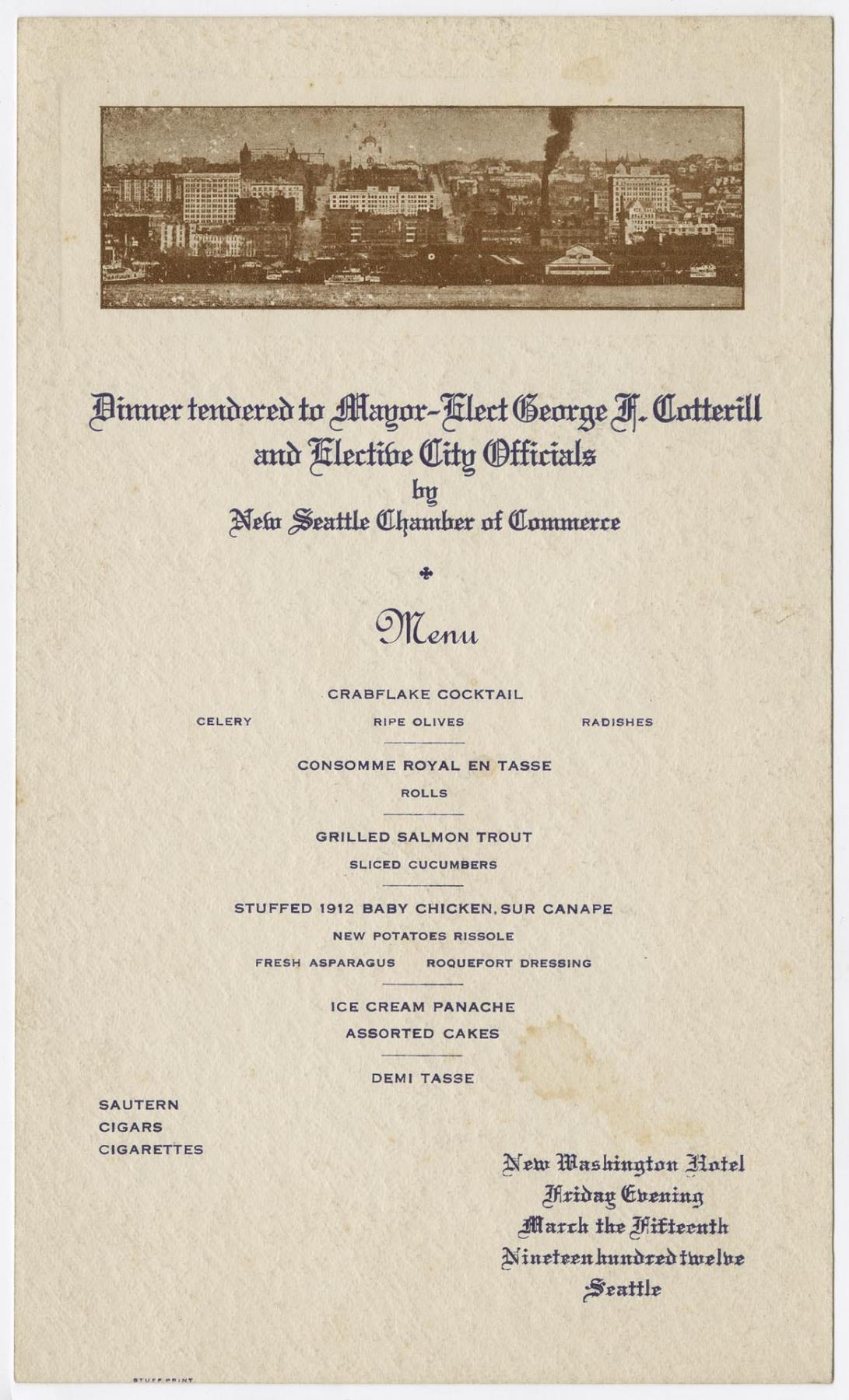 Image of Mayor-Elect George F. Cotterill dinner menu, Seattle, March 15, 1912