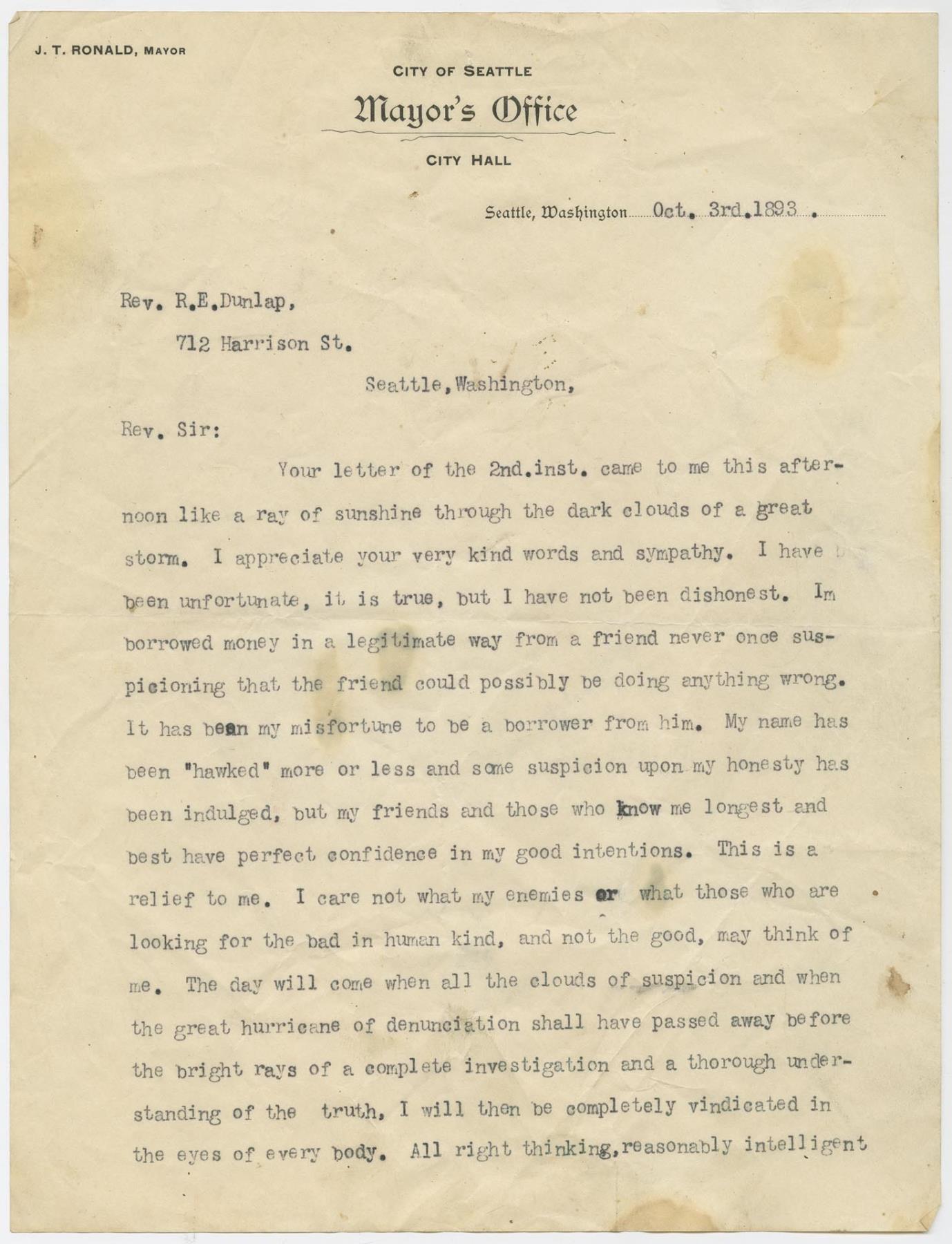 Image of Rev. Robert E. Dunlap's letter from Mayor J.T. Ronald, October 3, 1893