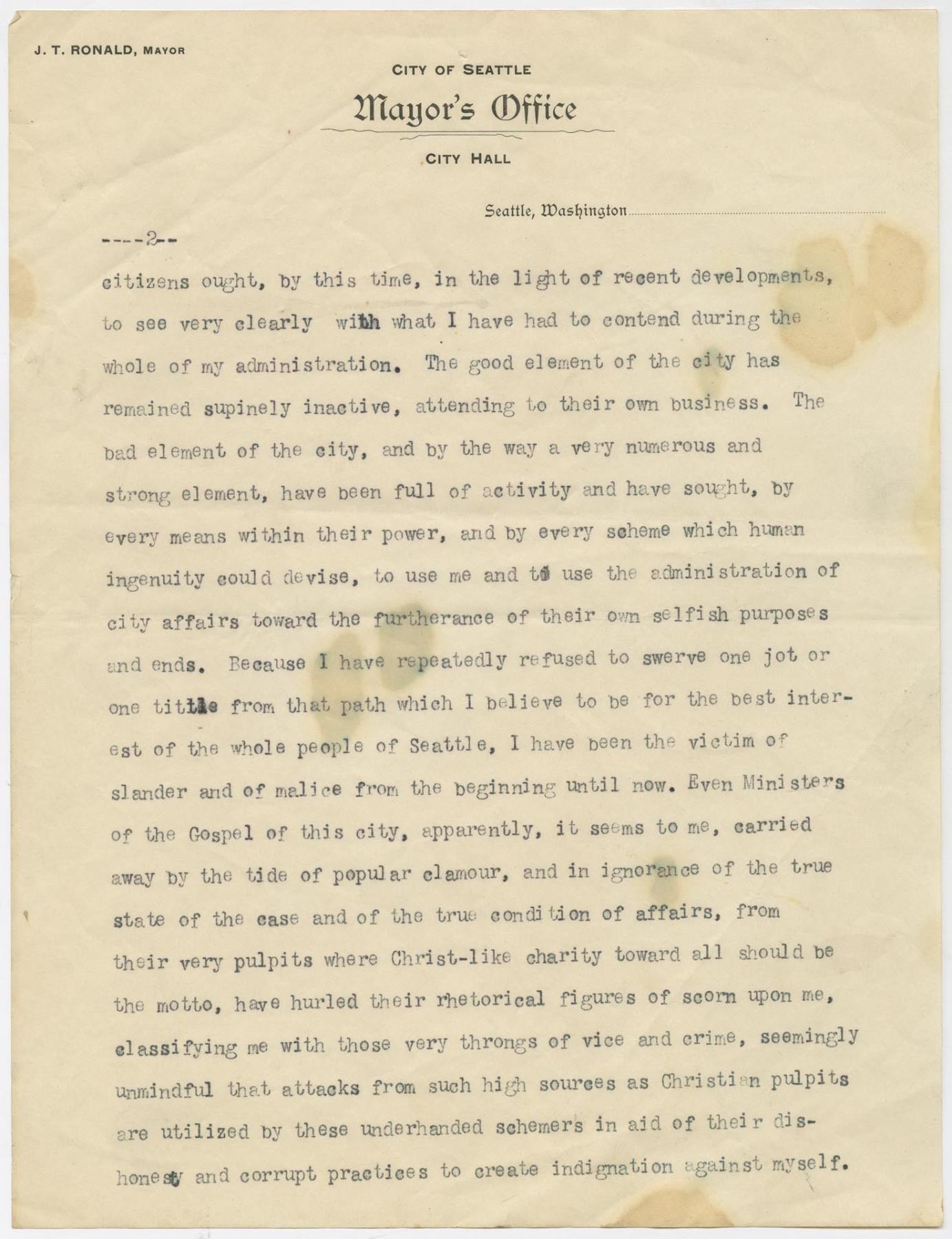 Image of Rev. Robert E. Dunlap's letter from Mayor J.T. Ronald, October 3, 1893
