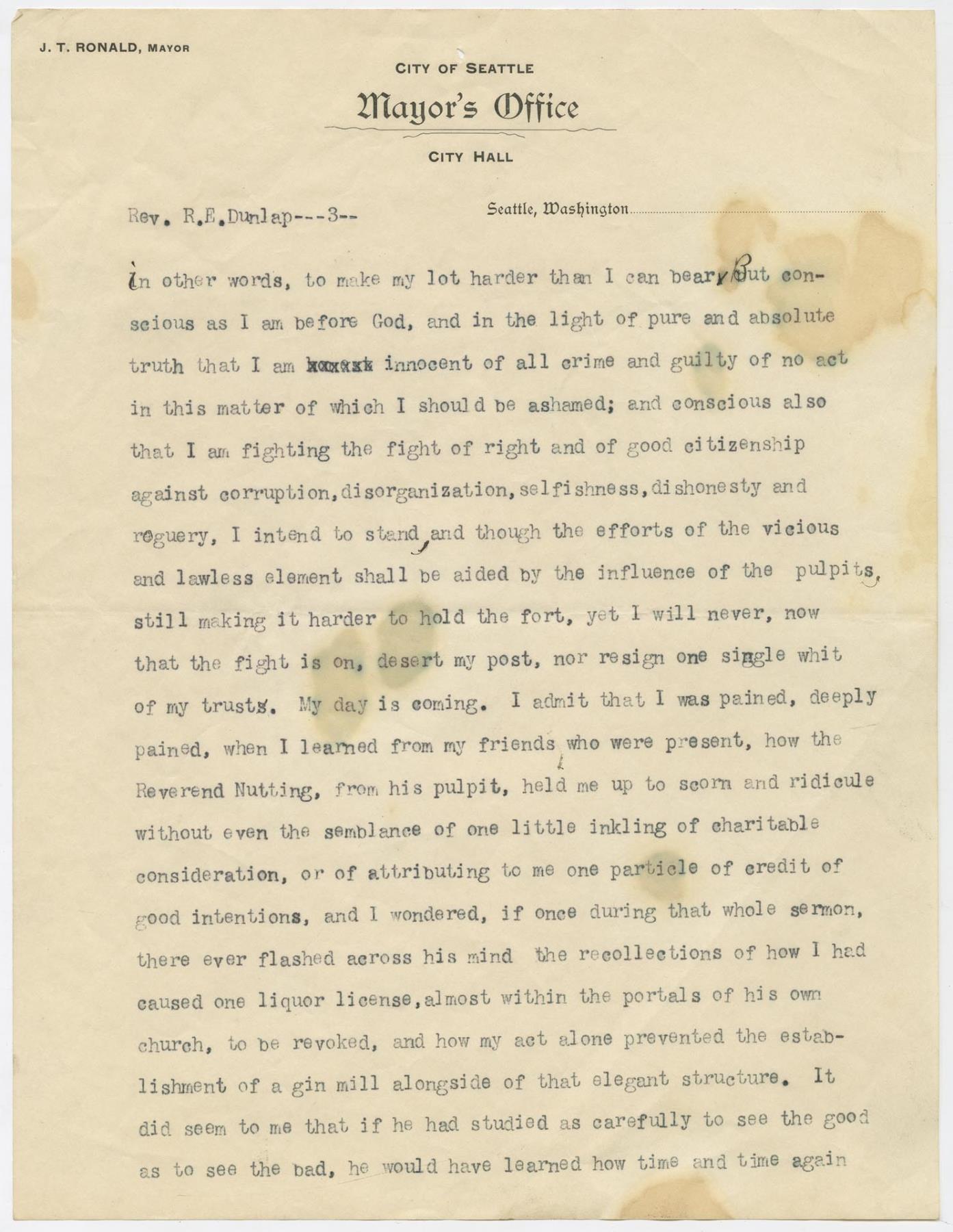 Image of Rev. Robert E. Dunlap's letter from Mayor J.T. Ronald, October 3, 1893