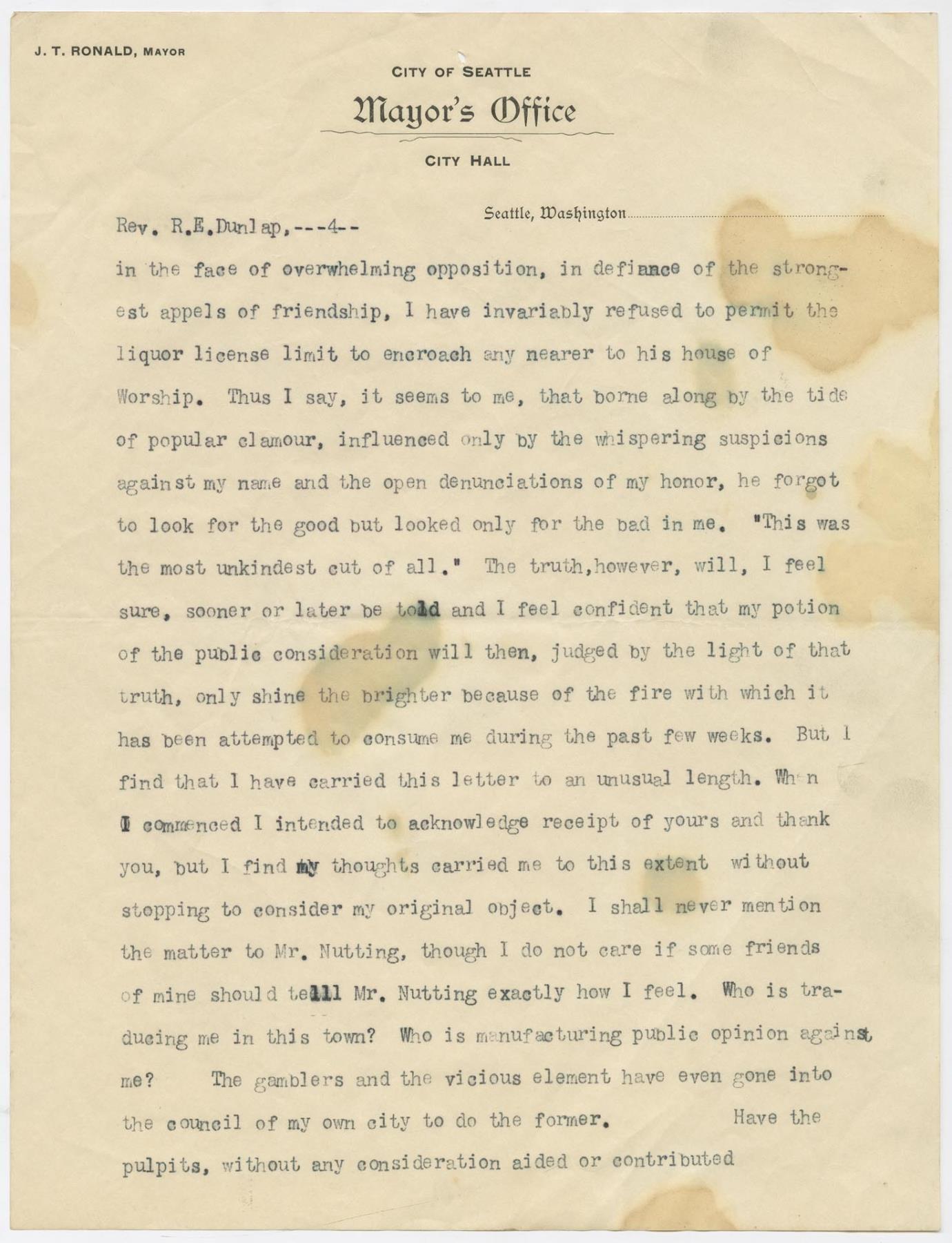 Image of Rev. Robert E. Dunlap's letter from Mayor J.T. Ronald, October 3, 1893
