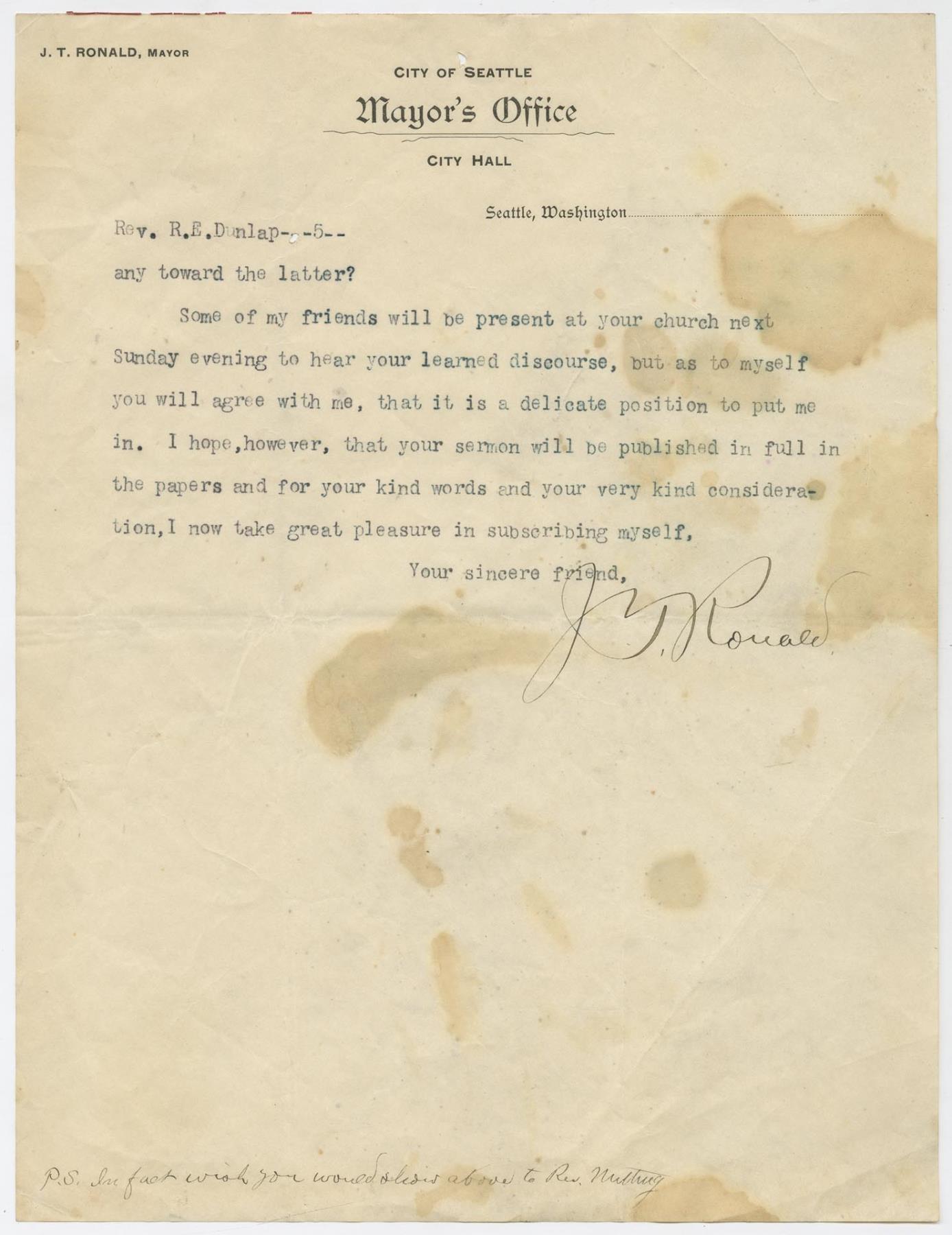 Image of Rev. Robert E. Dunlap's letter from Mayor J.T. Ronald, October 3, 1893
