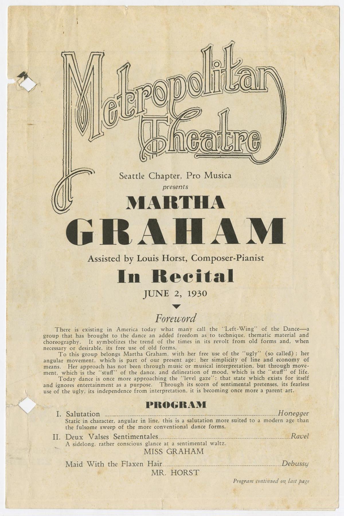 Image of Metropolitan Theatre program for Martha Graham recital, June 2, 1930
