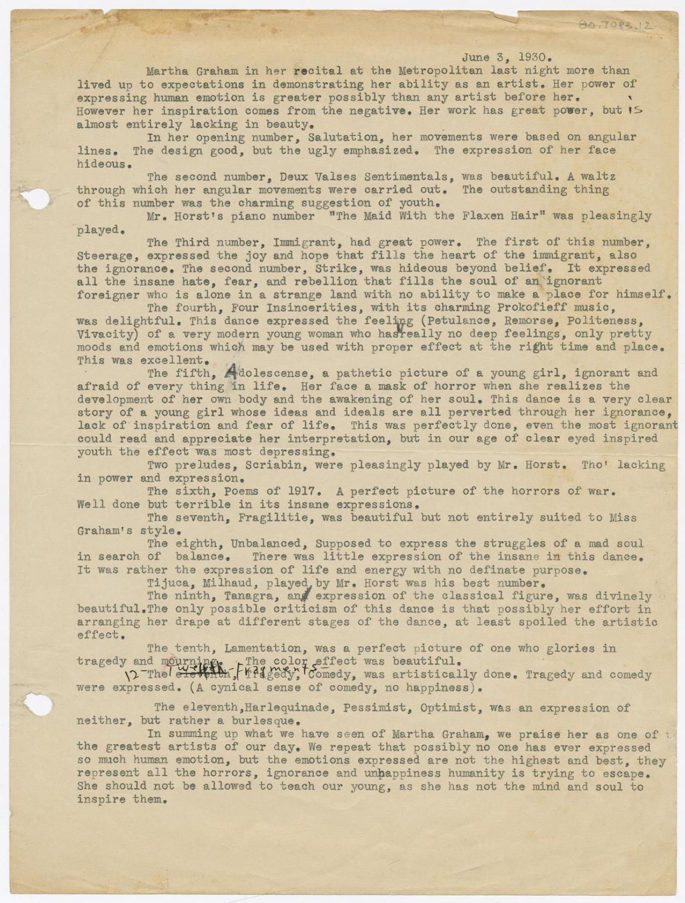 Image of Martha Graham recital summary, June 3, 1930