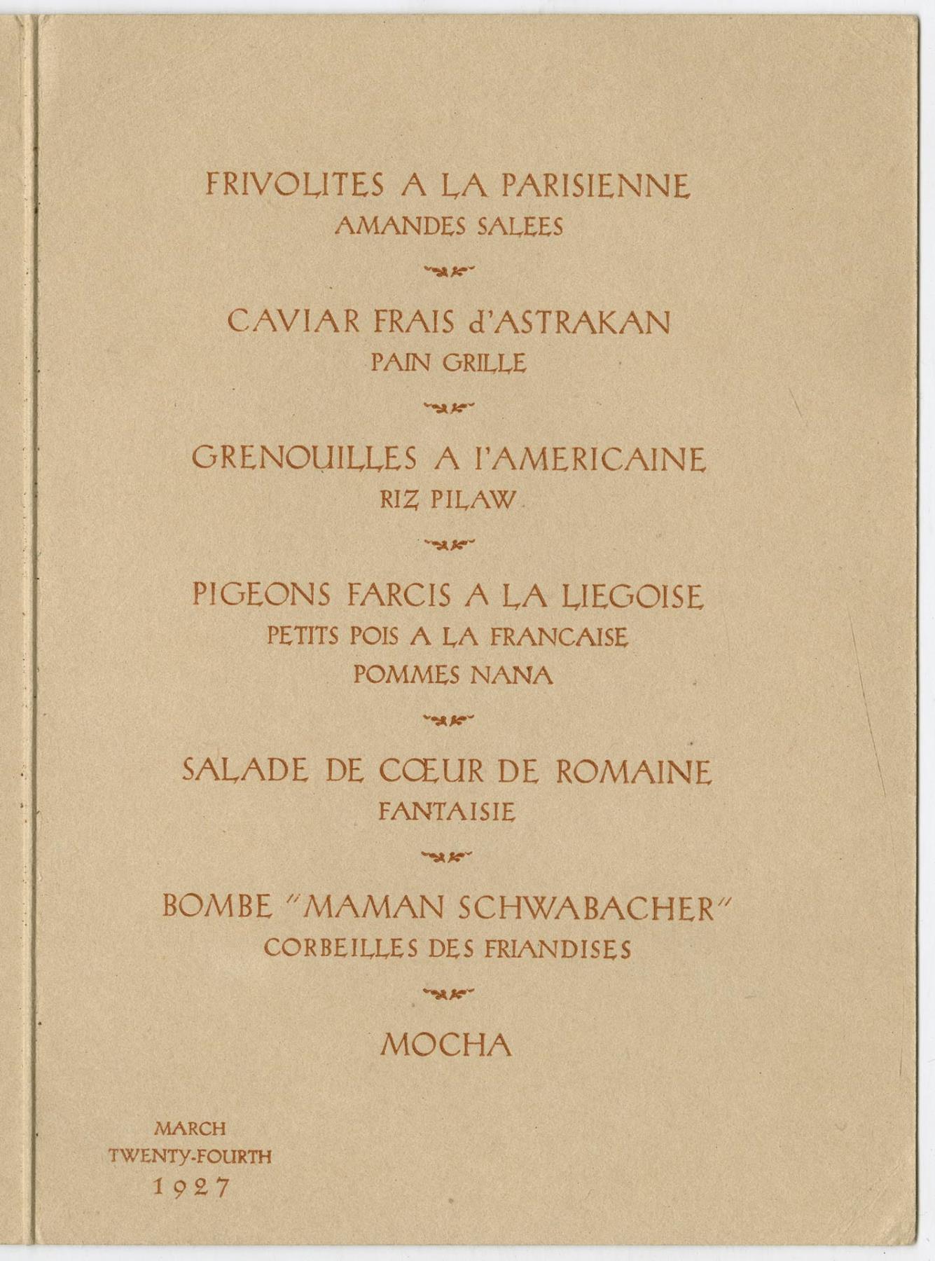 Image of Sarah Schwabacher birthday dinner menu, March 24, 1927