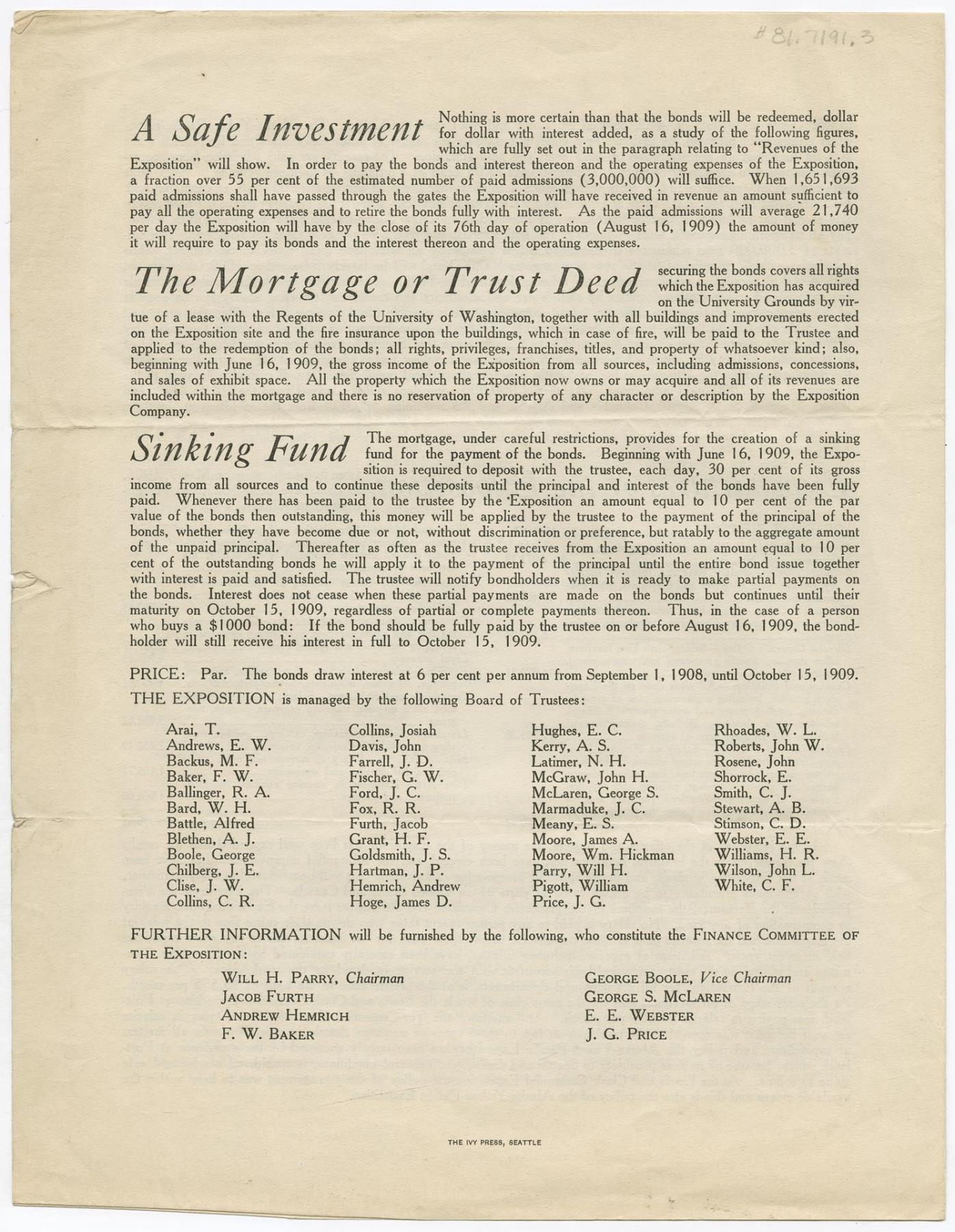Image of First Mortgage of the Alaska-Yukon-Pacific Exposition, 1908