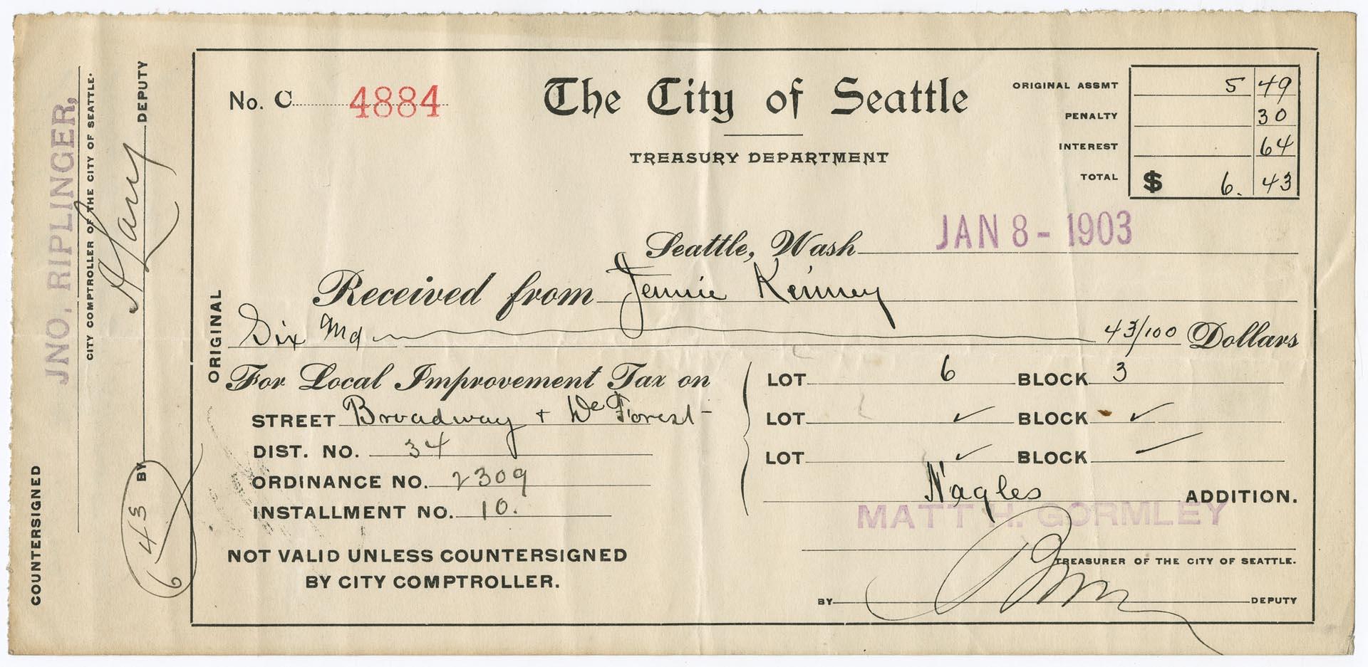 Image of City of Seattle local improvement tax receipt, 1903