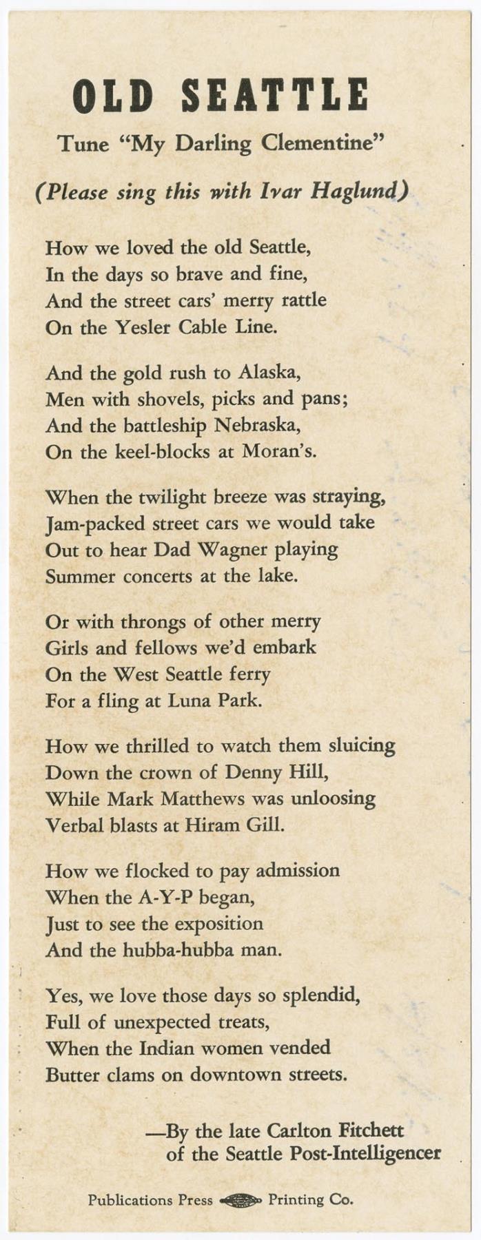 Image of Old Seattle lyrics, circa 1940