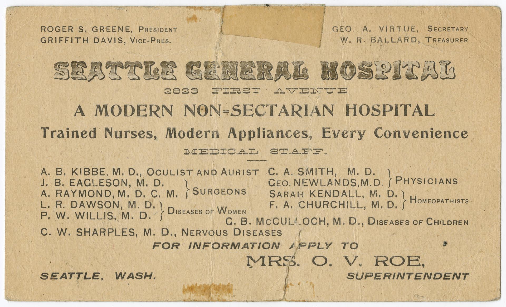 Image of Seattle General Hospital business card, circa 1900