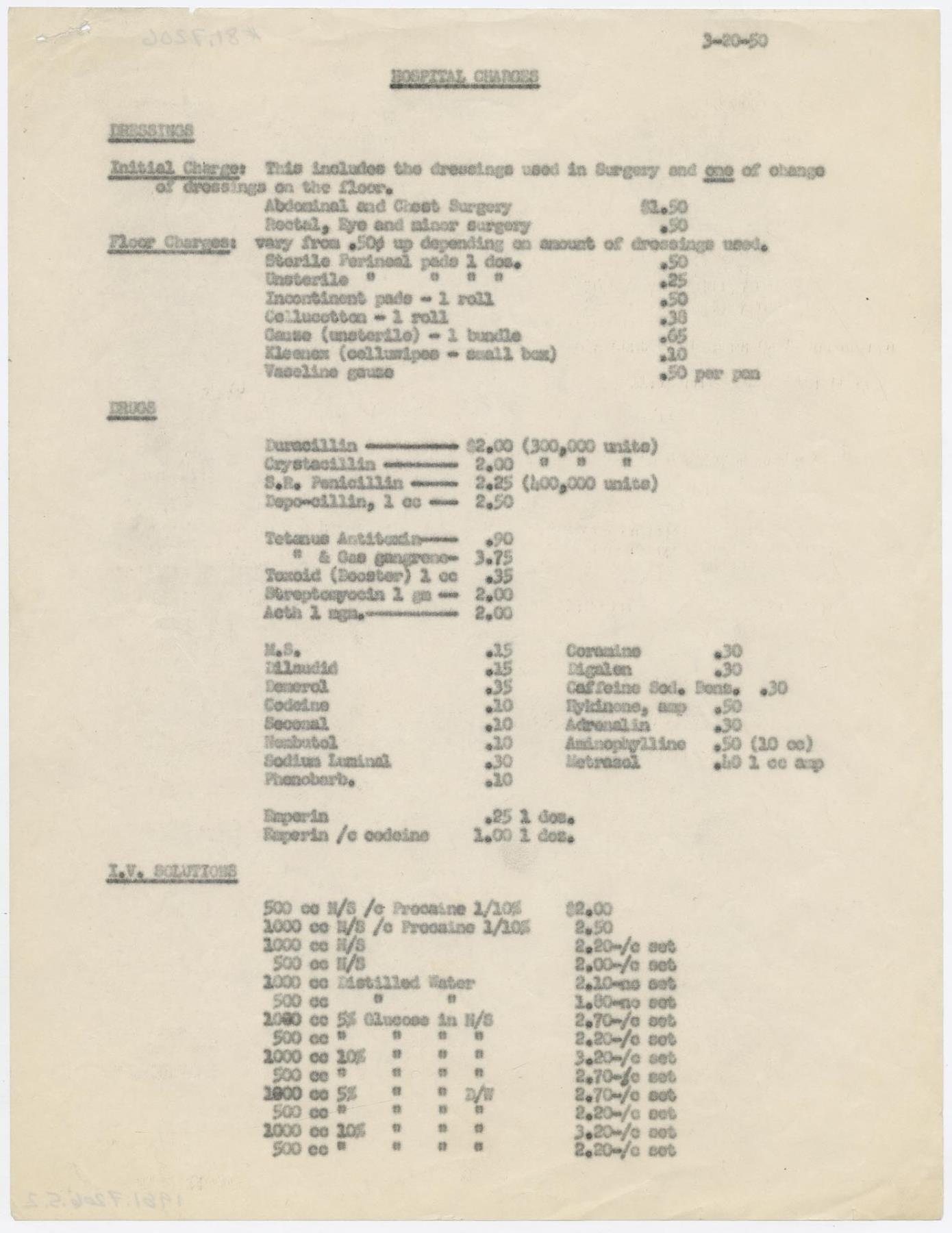 Image of Seattle General Hospital price list, March 20, 1950