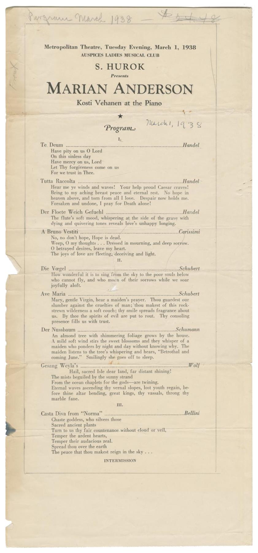 Image of Marian Anderson concert program, March 1, 1938