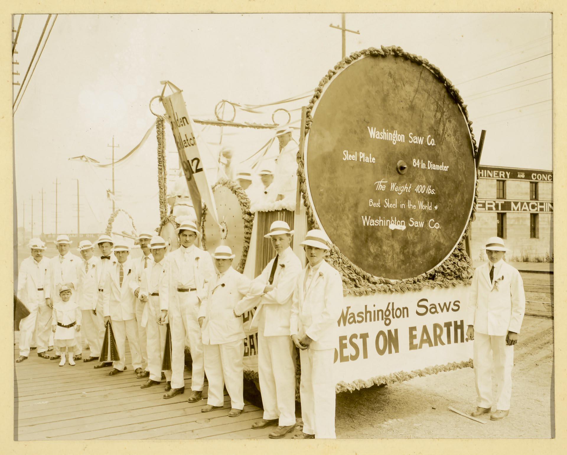 Image of Washington Saw Works Company Golden Potlatch float, Seattle, 1912