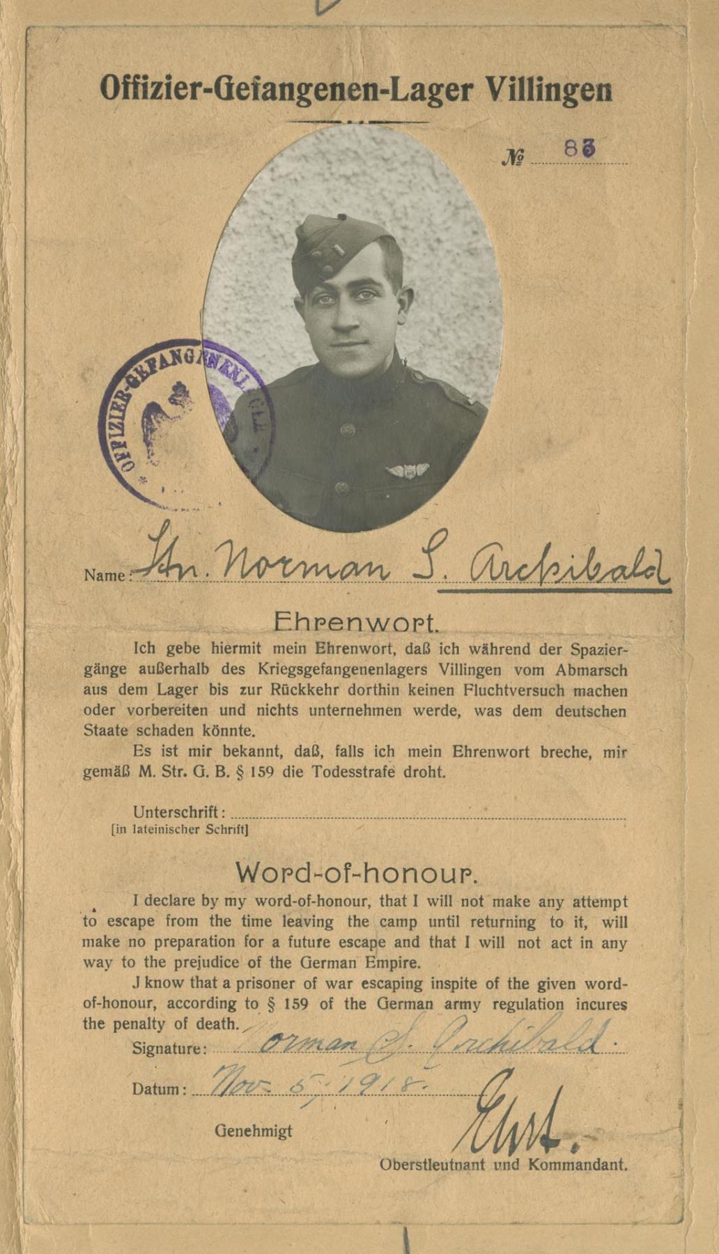 Image of Norman Archibald's POW leave permit, November 5, 1918