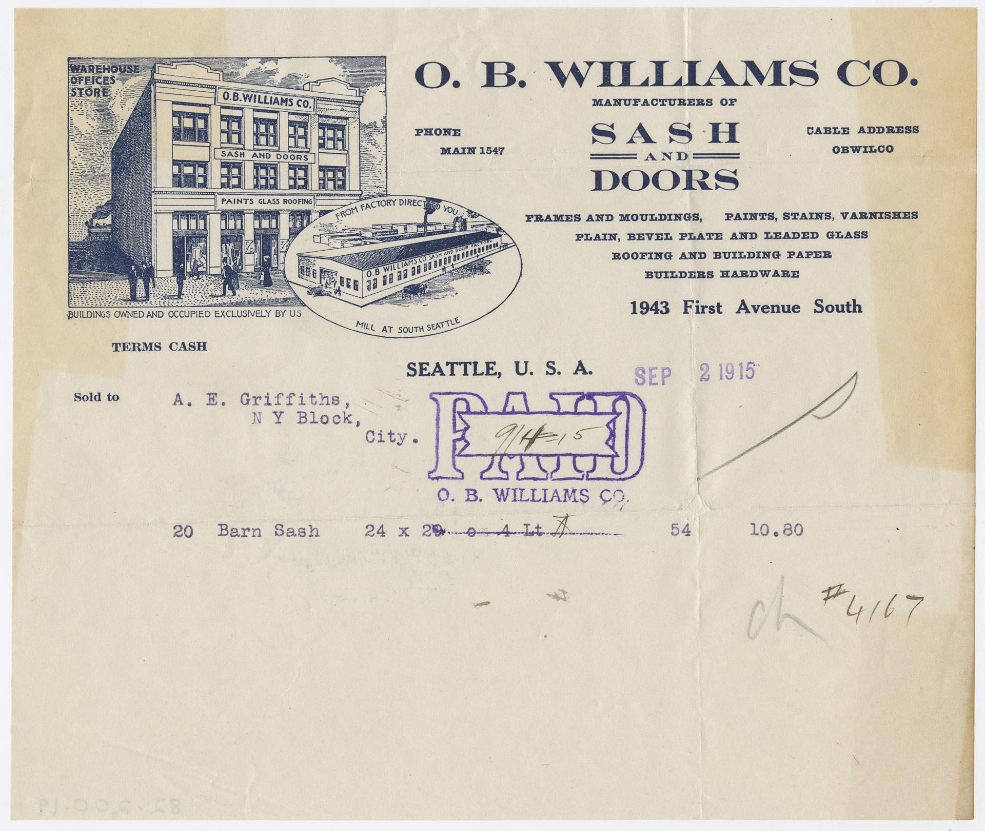 Image of O.B. Williams Co. receipt, September 2, 1915