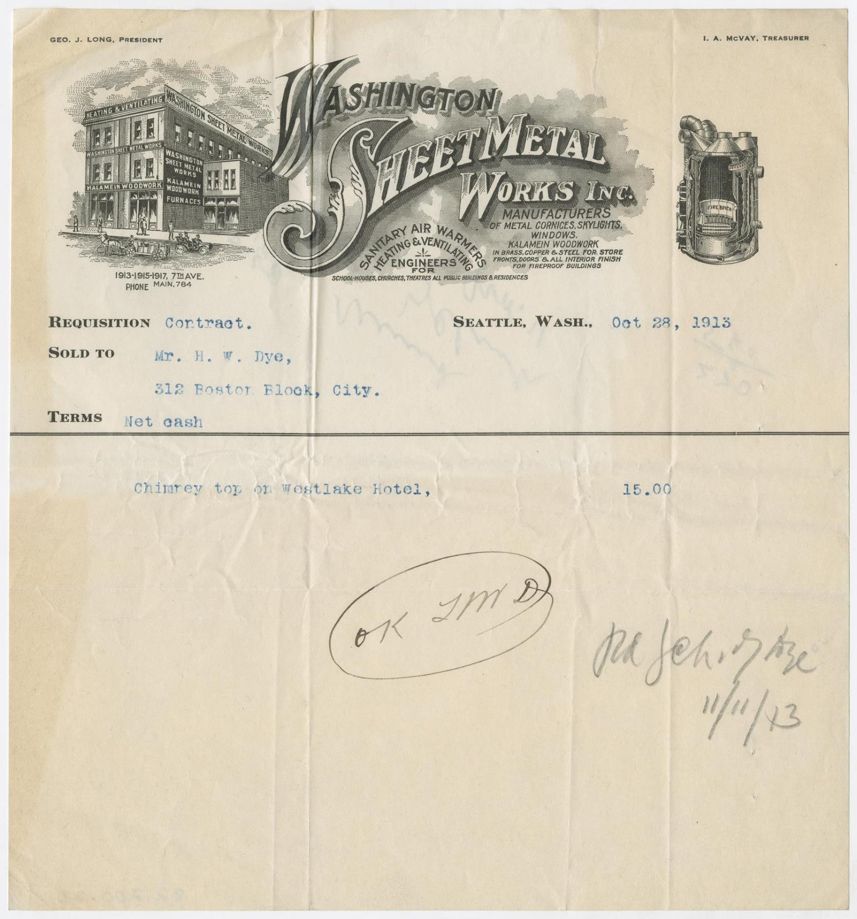 Image of Washington Sheet Metal Works receipt, October 28, 1913