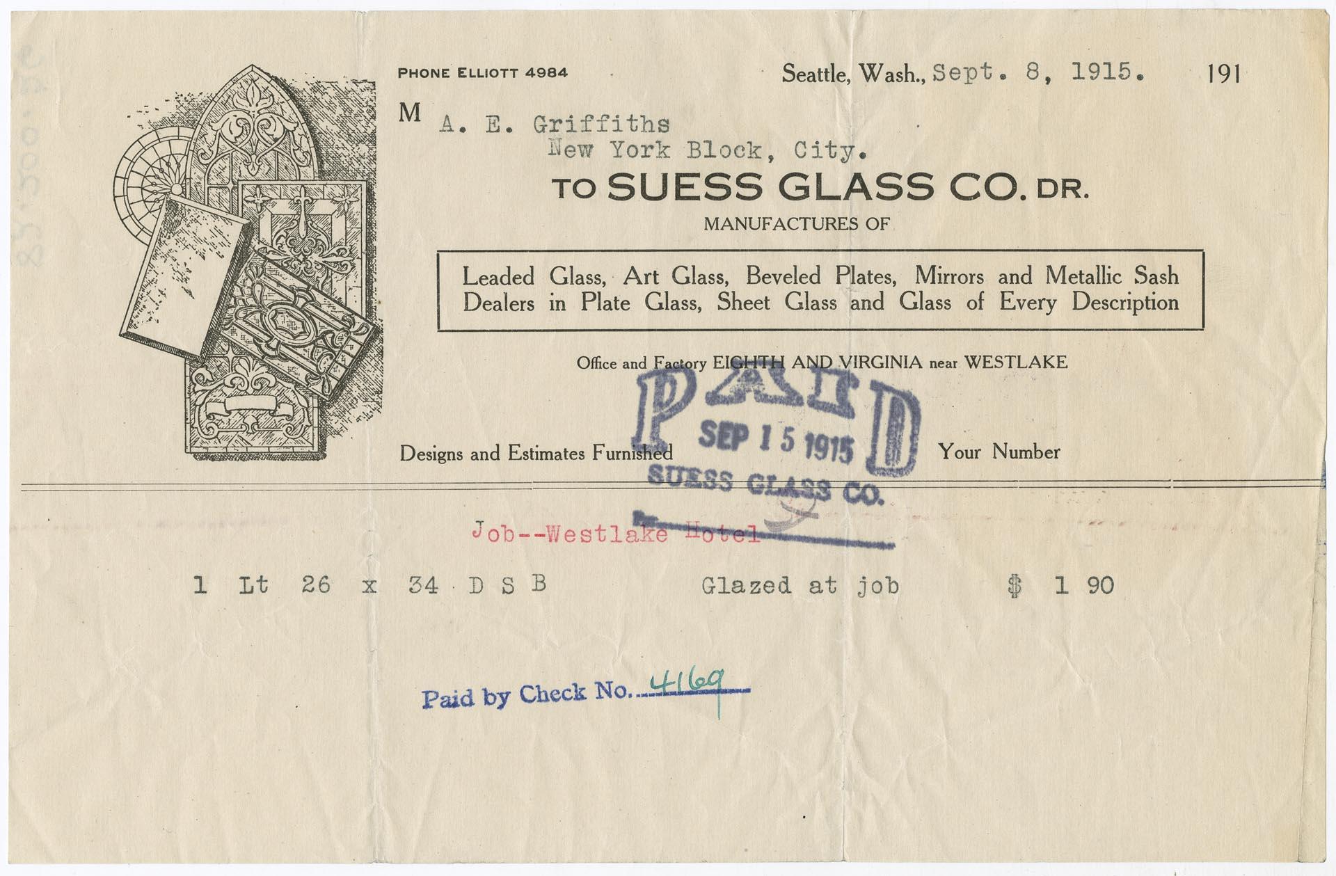 Image of Suess Glass Co. receipt, September 8, 1915
