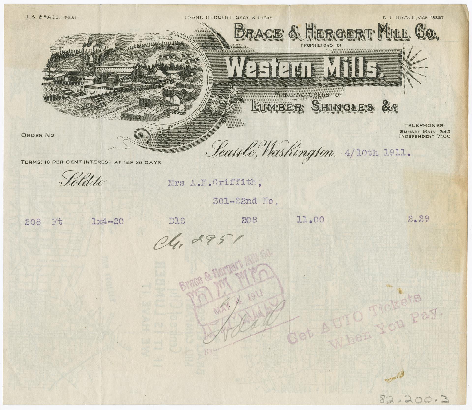 Image of Brace & Hergert Mill Co., Western Mills receipt, April 10, 1911