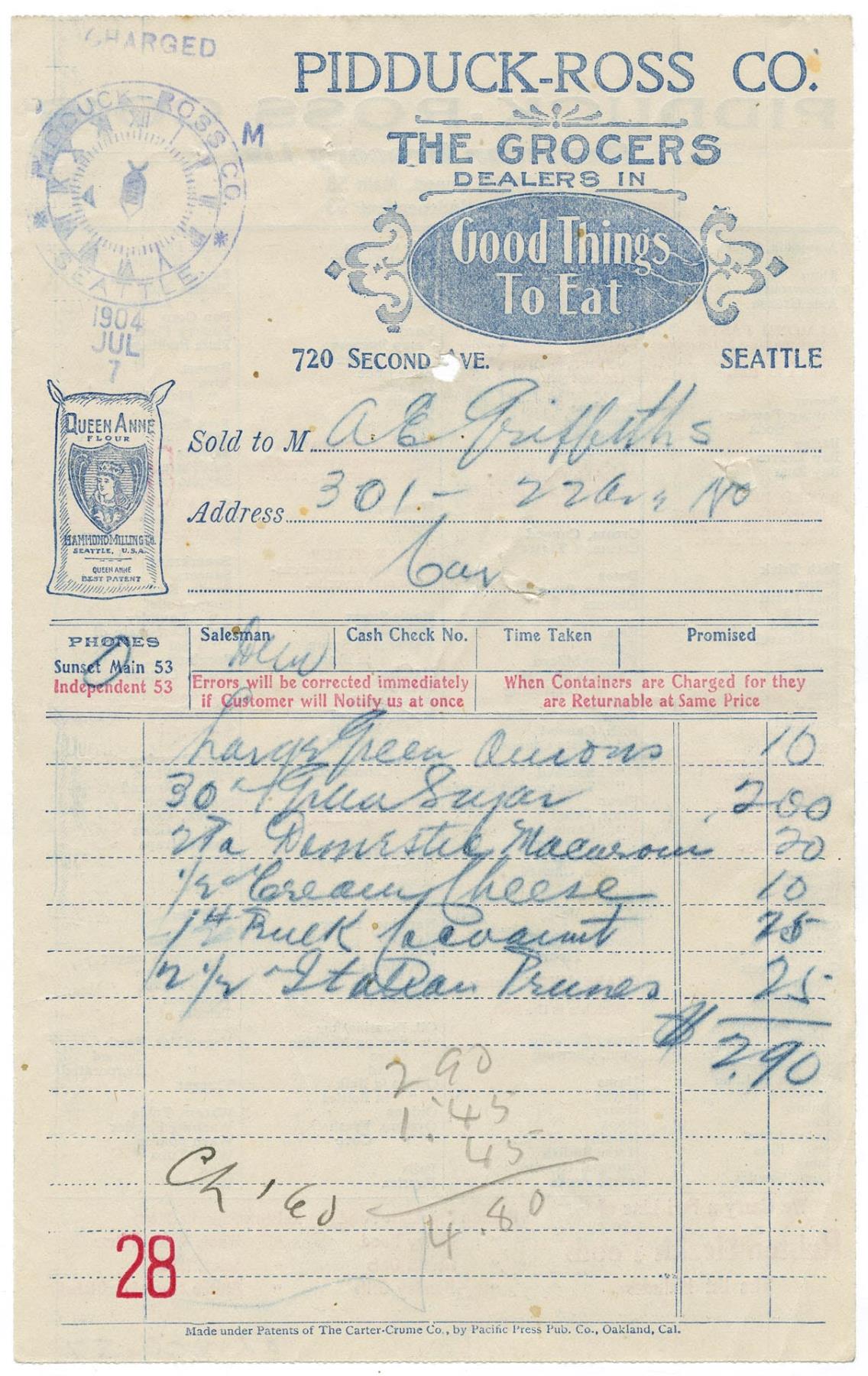 Pidduck-Ross Co. grocery receipt, July 7, 1904 – Museum of History