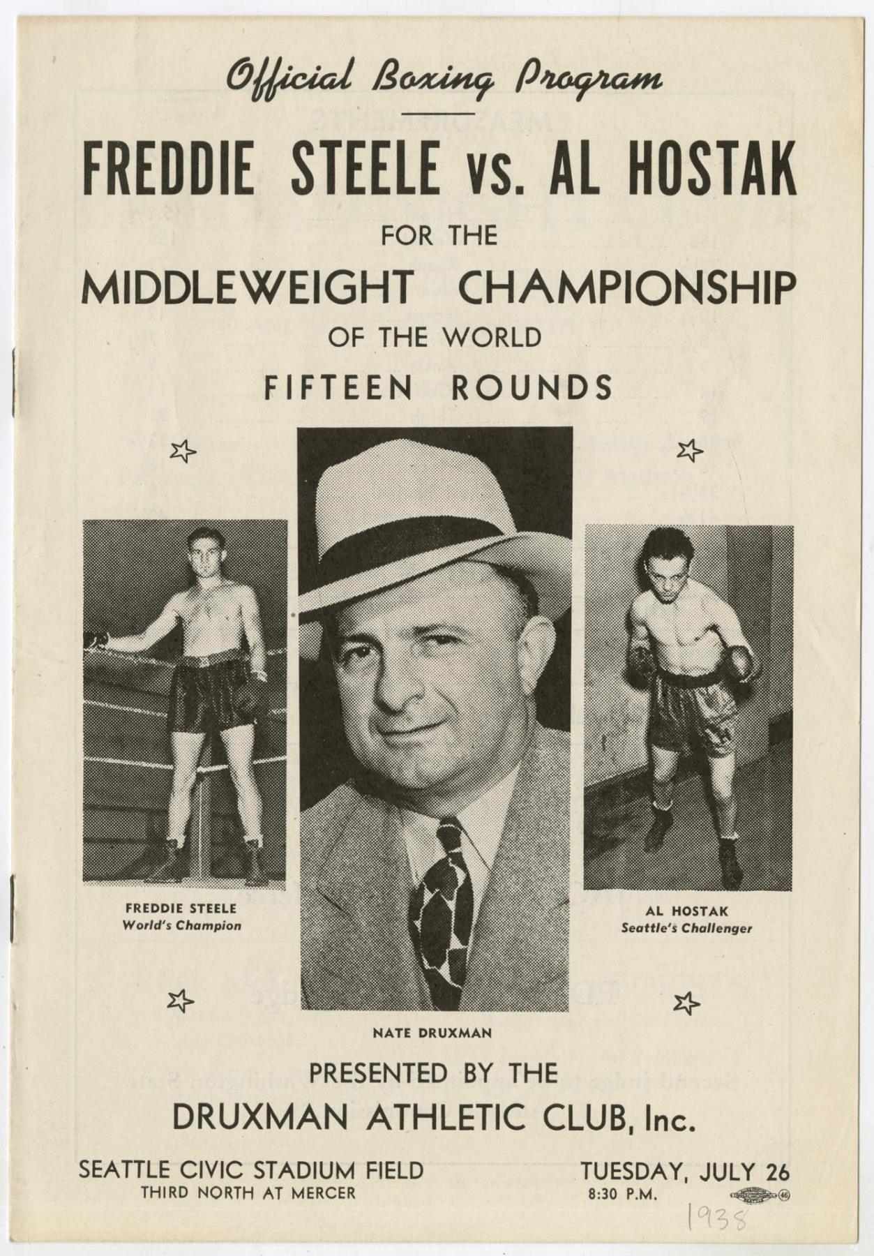 Image of Al Hostak and Freddie Steele boxing program, July 26, 1938