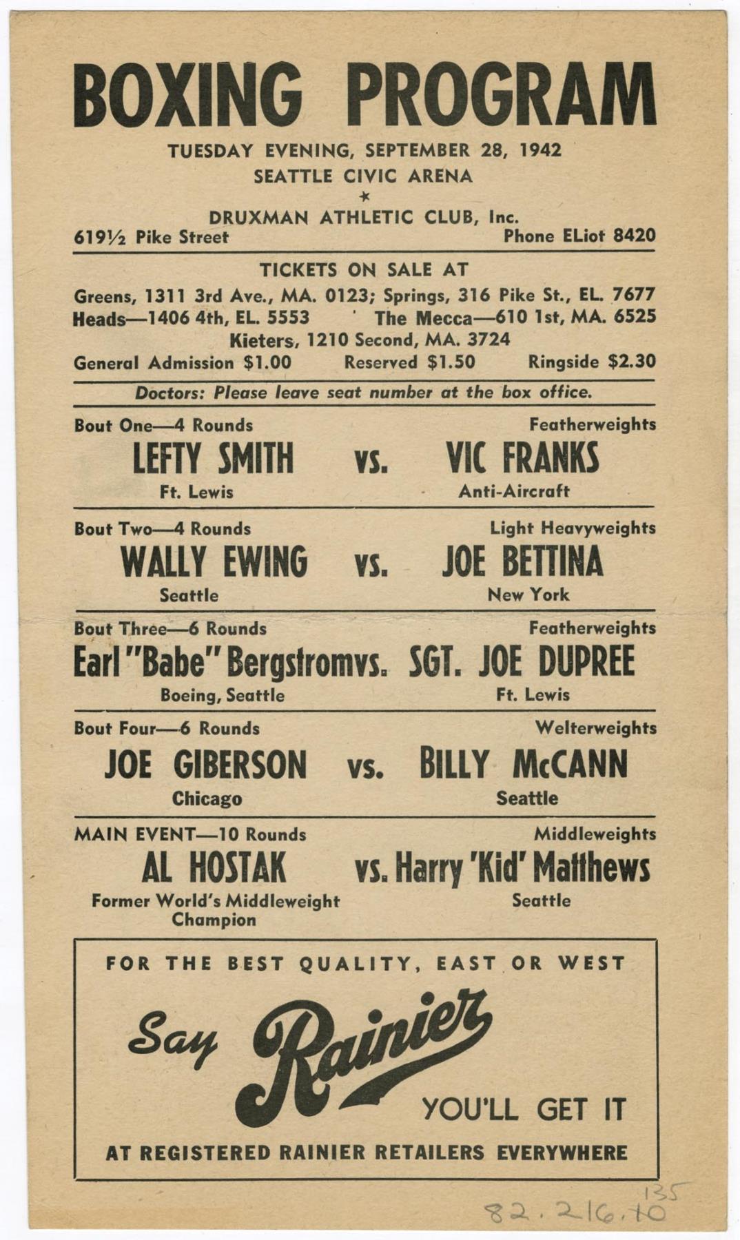 Image of Al Hostak and Kid Matthews boxing program, September 29, 1942