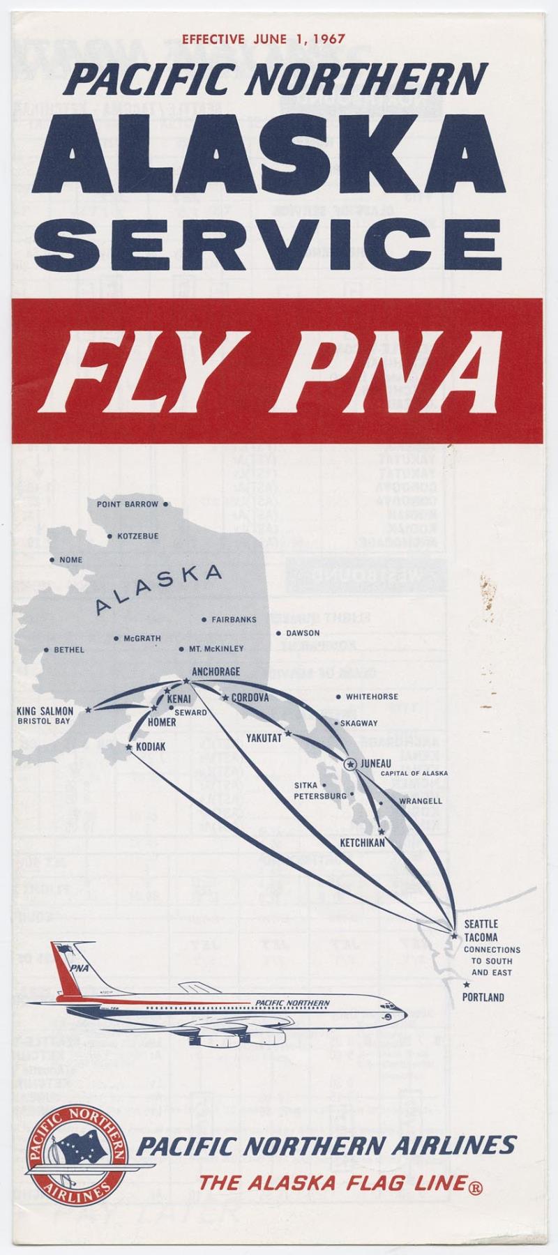 Image of Pacific Northern Airlines Alaska Service brochure and timetable, June 1, 1967