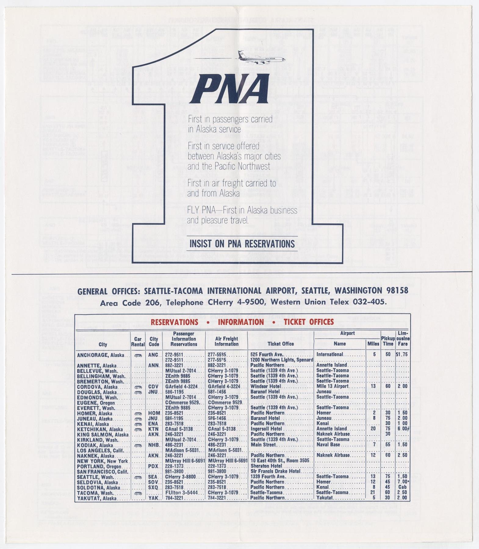Image of Pacific Northern Airlines Alaska Service brochure and timetable, June 1, 1967