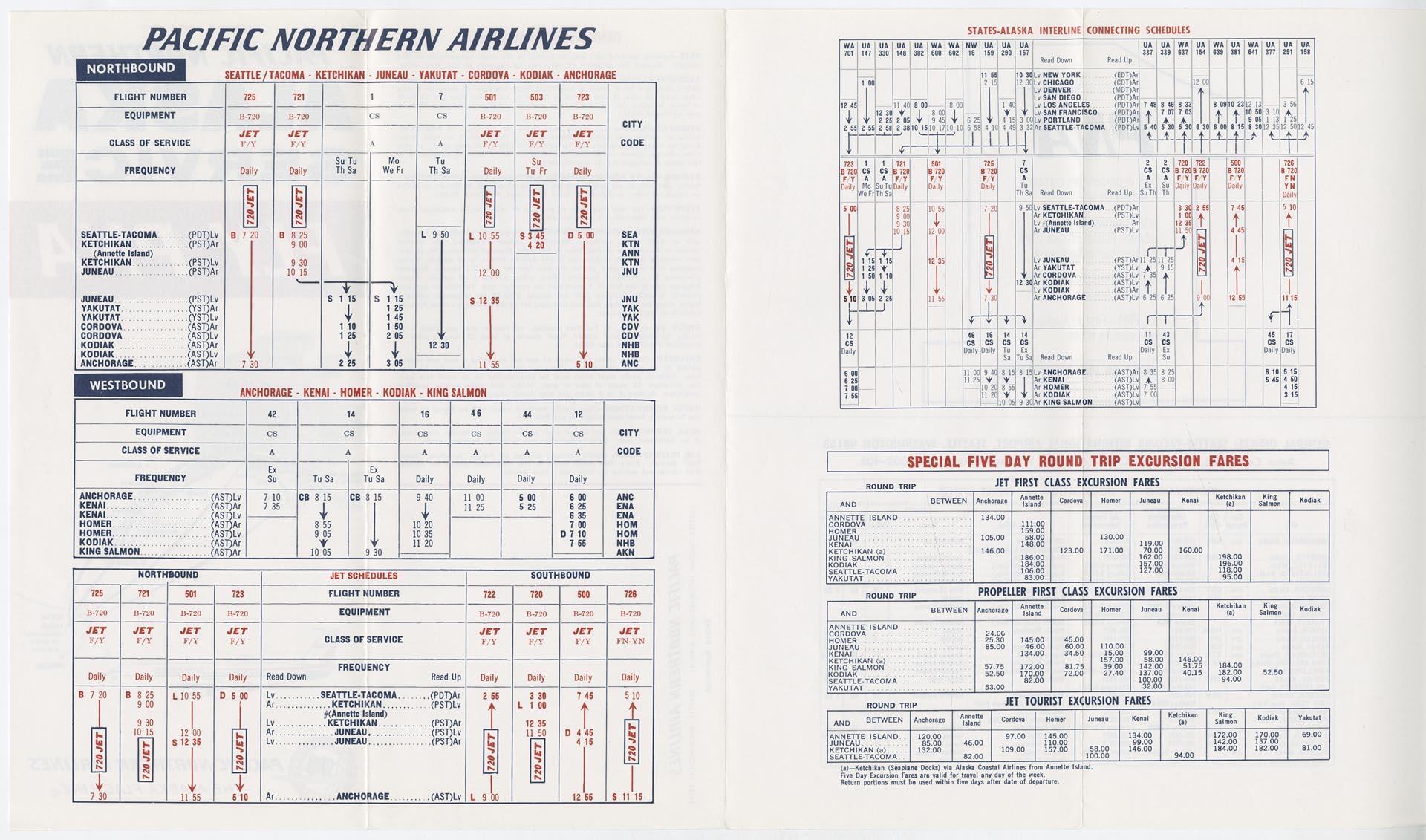 Image of Pacific Northern Airlines Alaska Service brochure and timetable, June 1, 1967