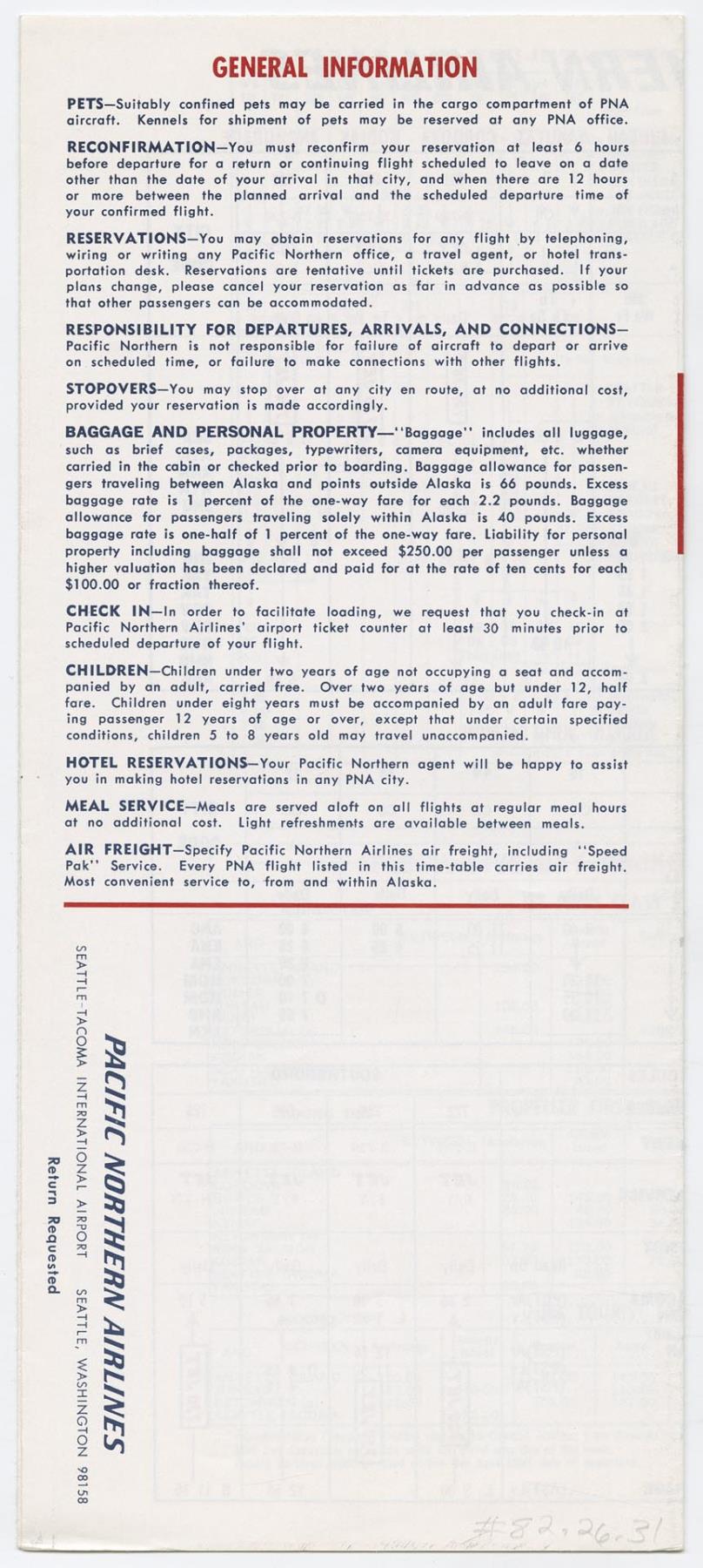 Image of Pacific Northern Airlines Alaska Service brochure and timetable, June 1, 1967