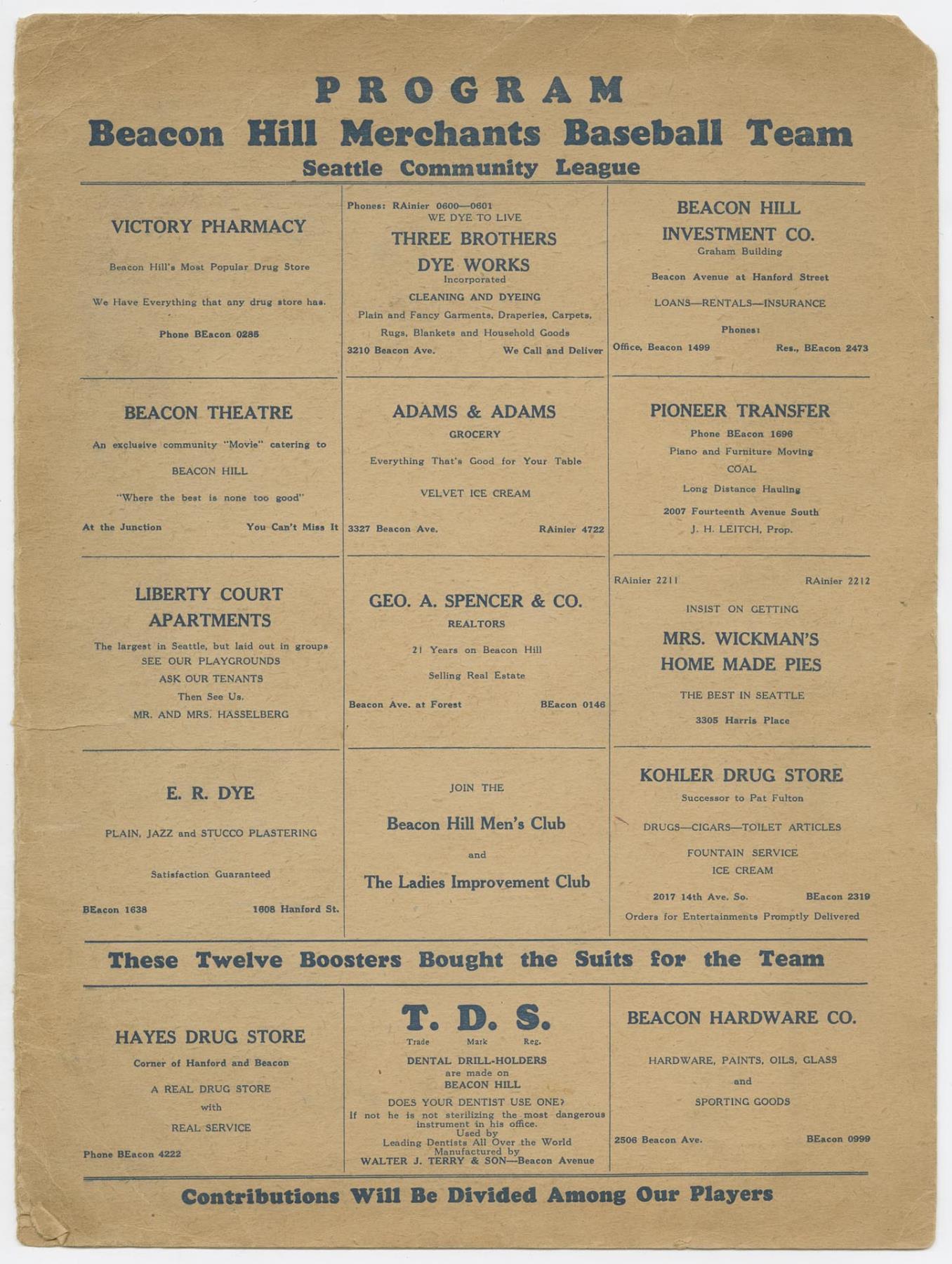 Image of Beacon Hill Merchants Baseball Team program, 1927