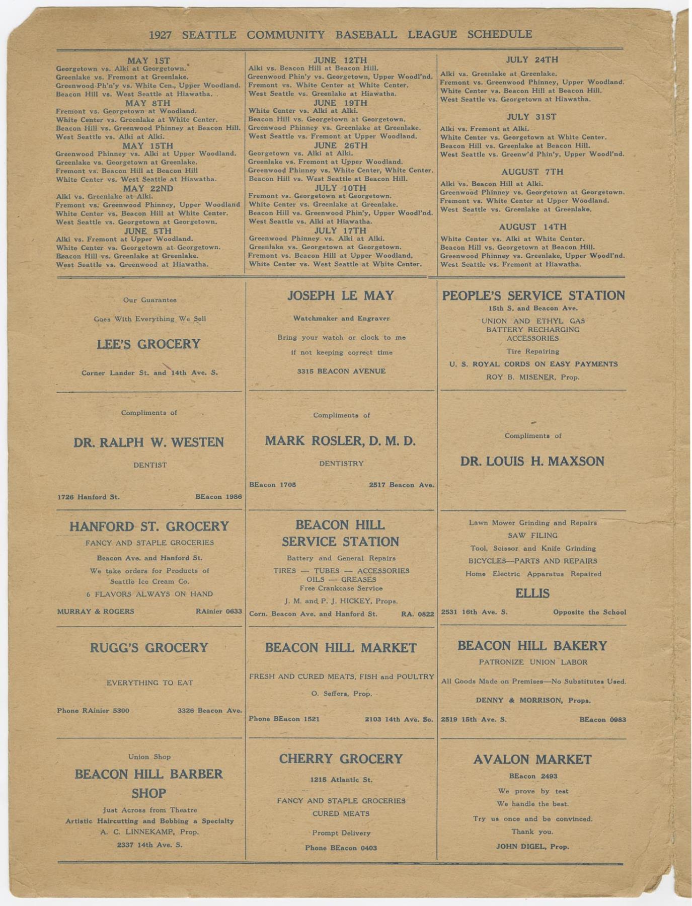 Image of Beacon Hill Merchants Baseball Team program, 1927