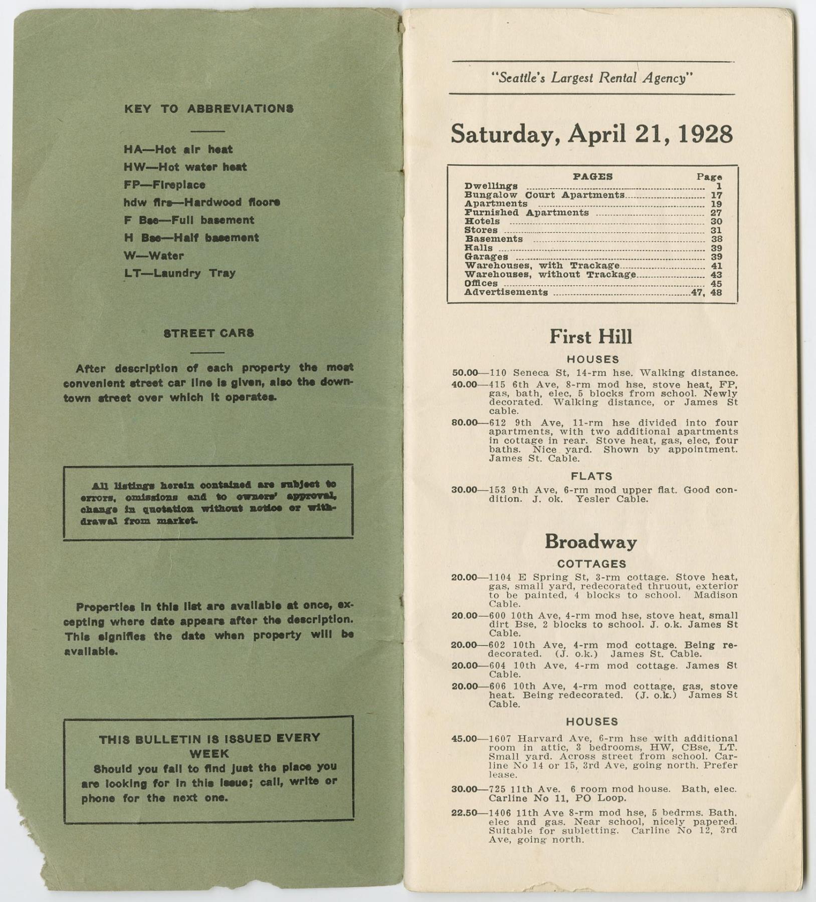 Image of Weekly Rental Bulletin, Seattle, April 21,1928