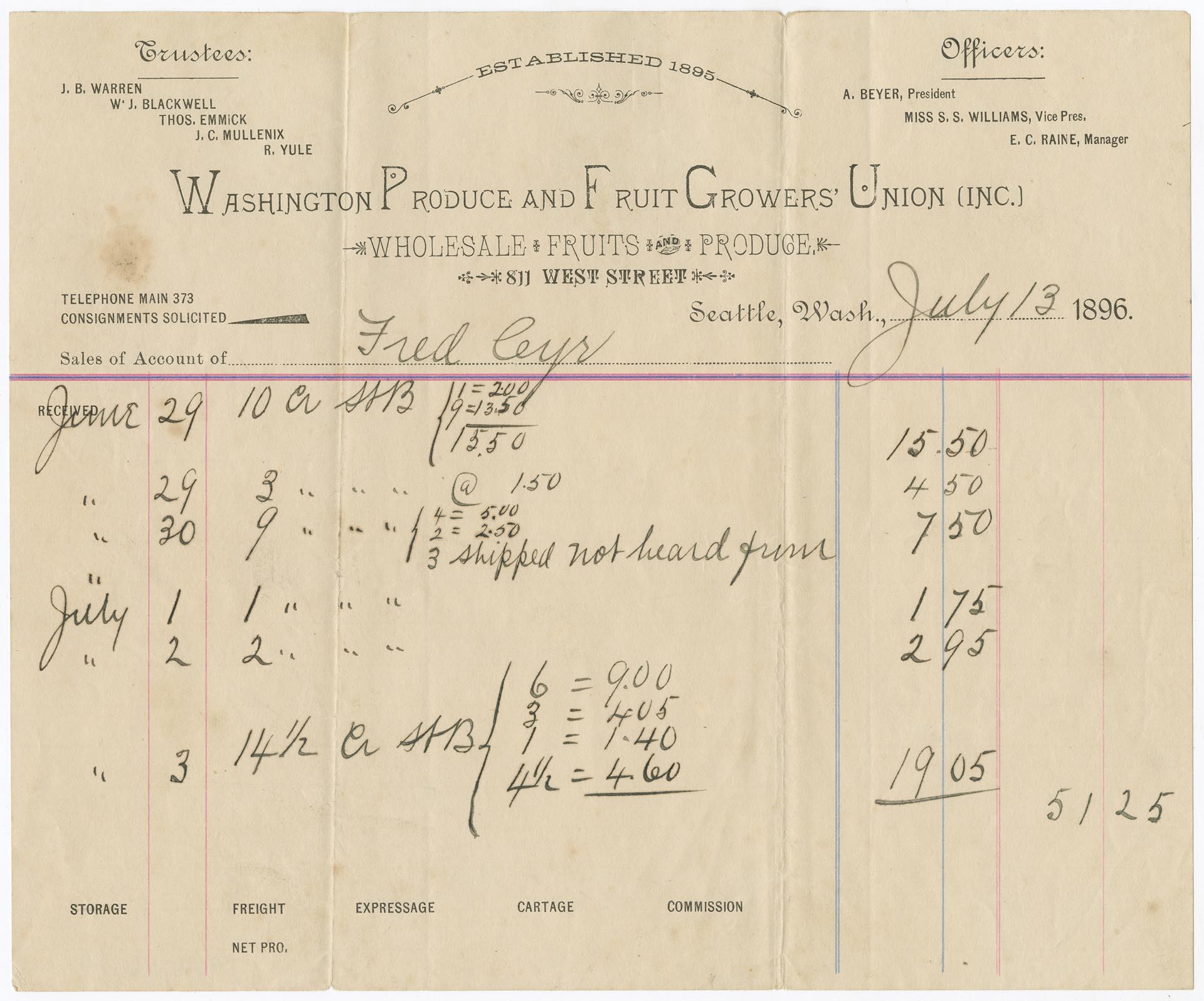 Image of Washington Produce and Fruit Growers Union sales account for Fred Cyr, July 13, 1896