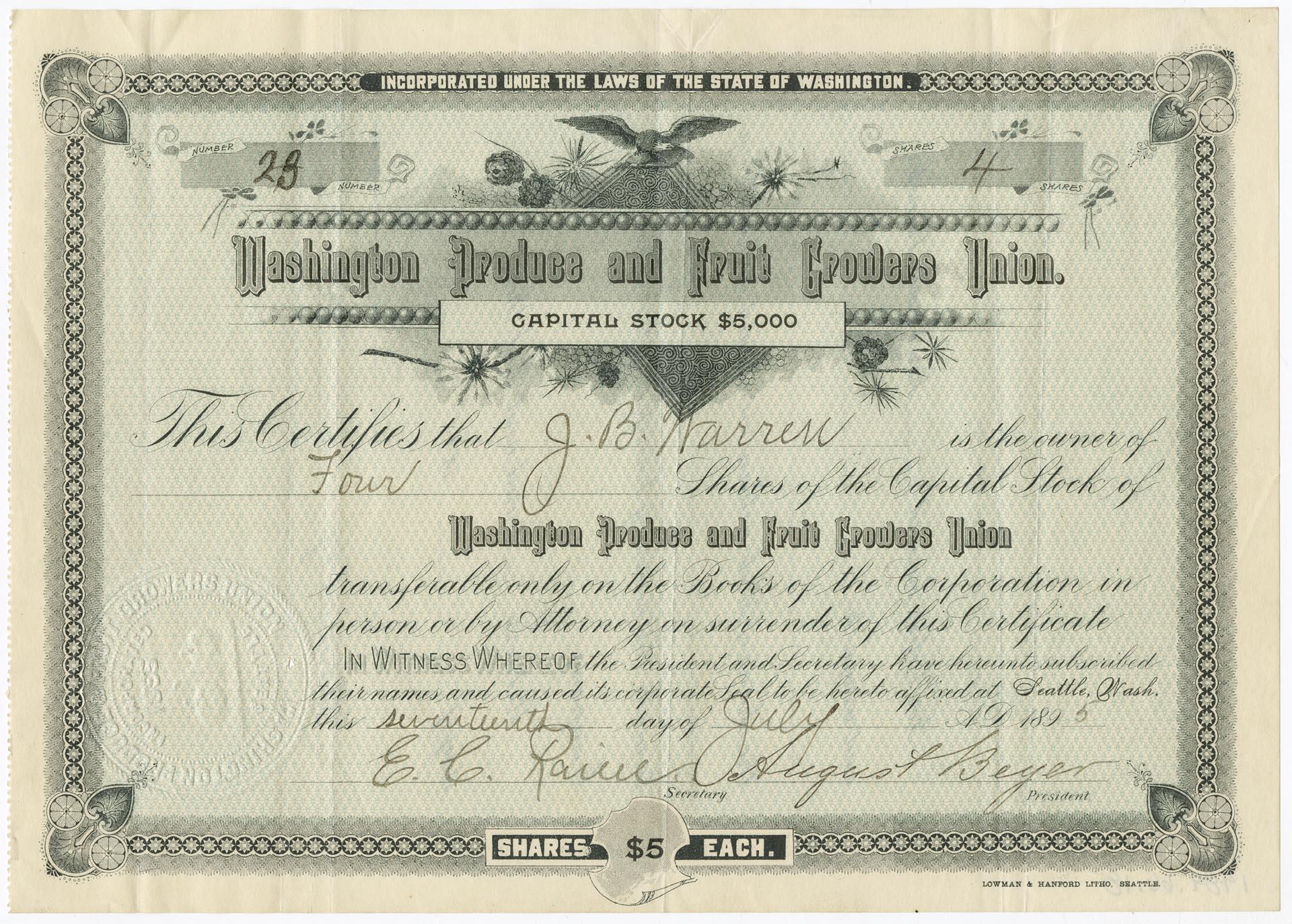 Image of Washington Produce & Fruit Growers Union stock certificate, July 1895