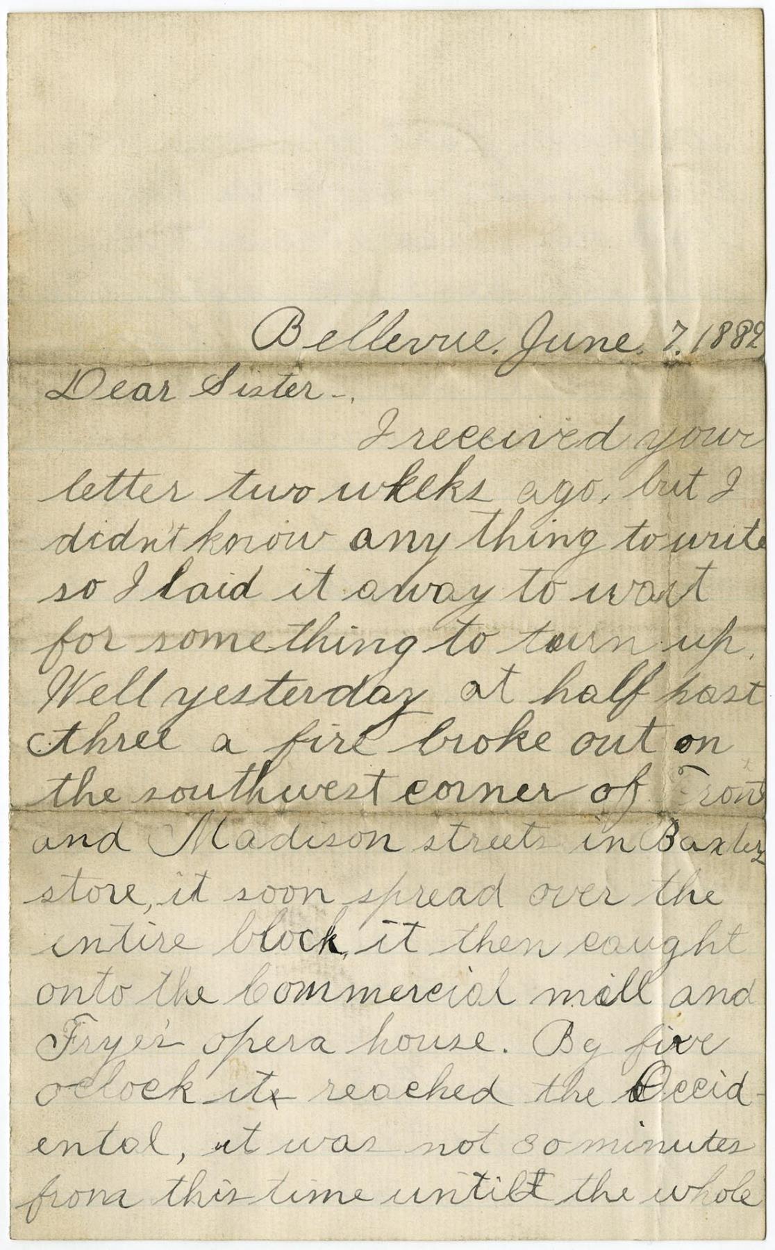 Image of Letter from Selden Burrows to his sister, Lillian, about the Seattle Fire, June 7, 1889