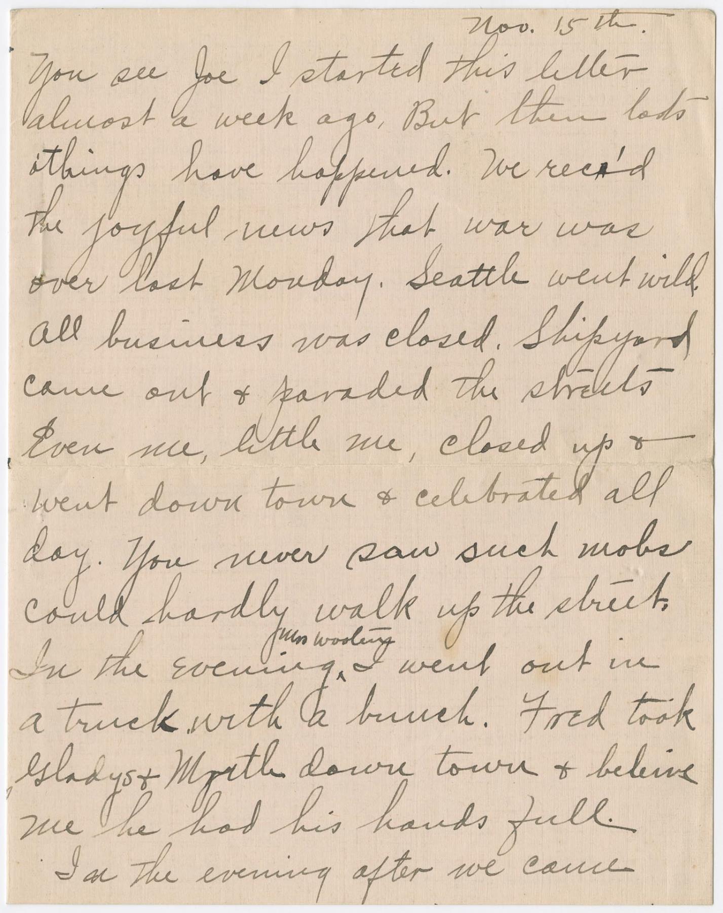 Image of Letter from Isabelle Bailey to Joseph Orr about Armistice Day, November 1918