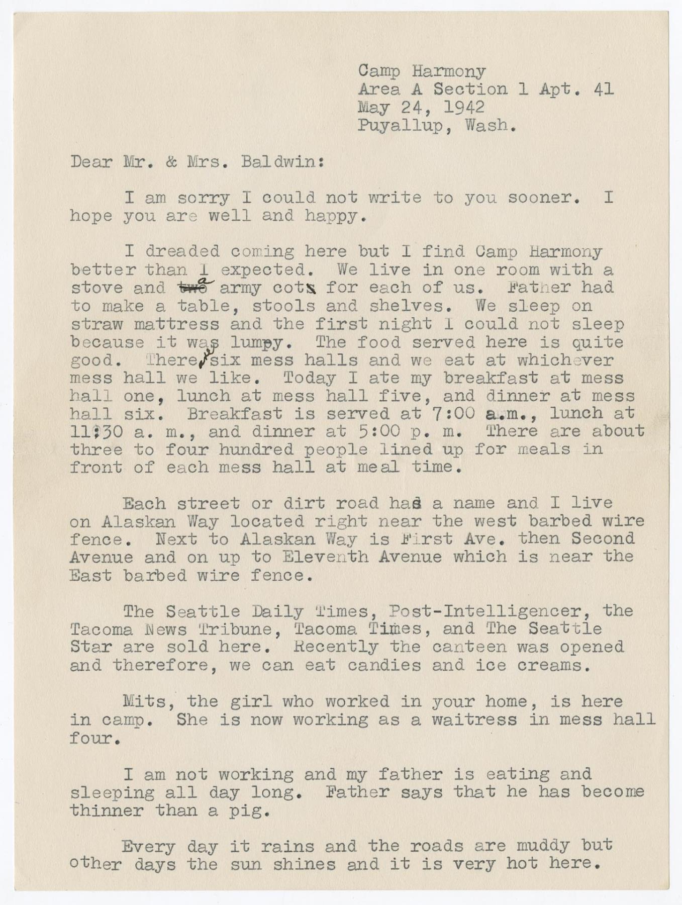 Image of Letter from Mary Inouye at the Puyallup Assembly Center, May 14, 1942