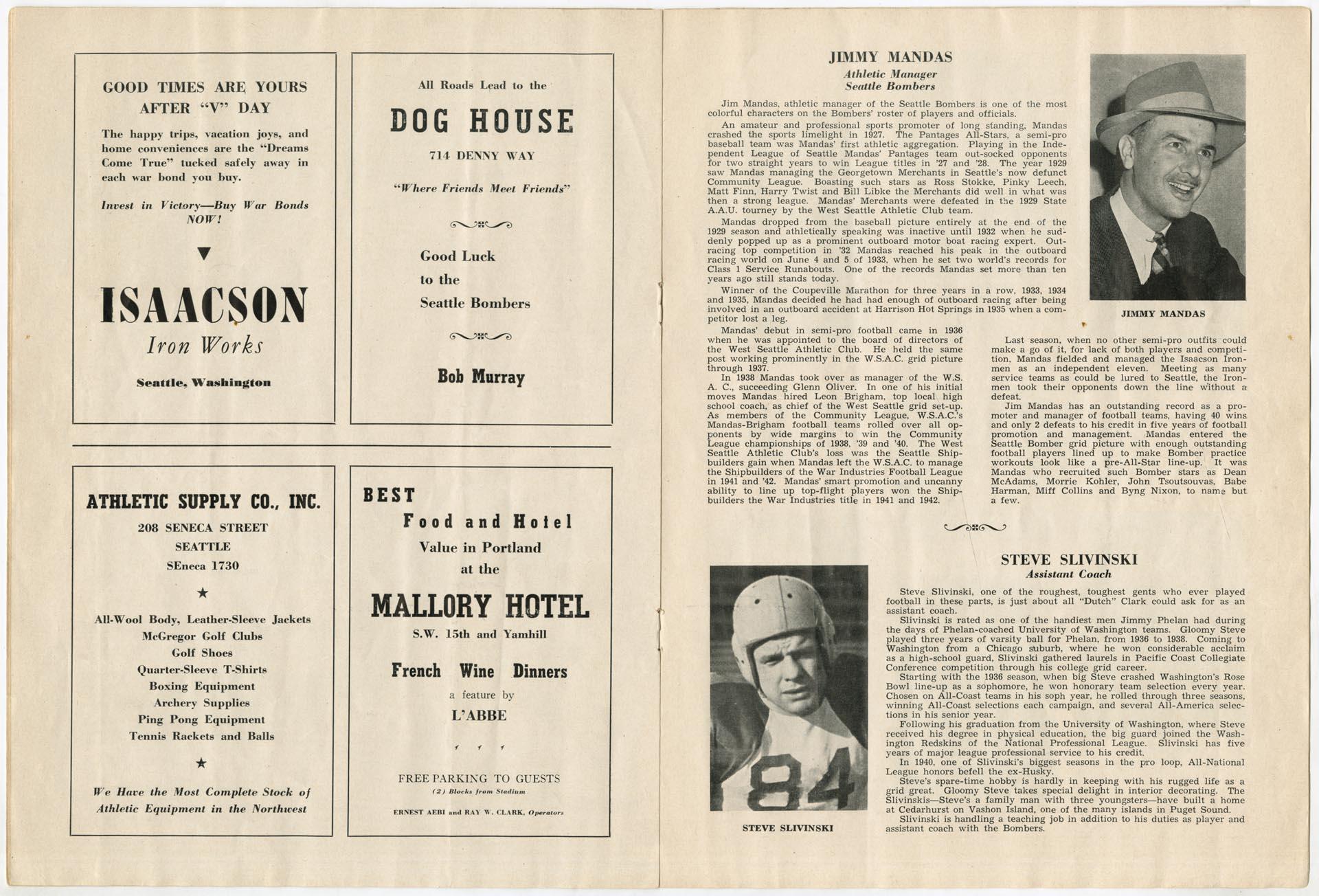 Image of Seattle Bombers football program, September 8, 1944