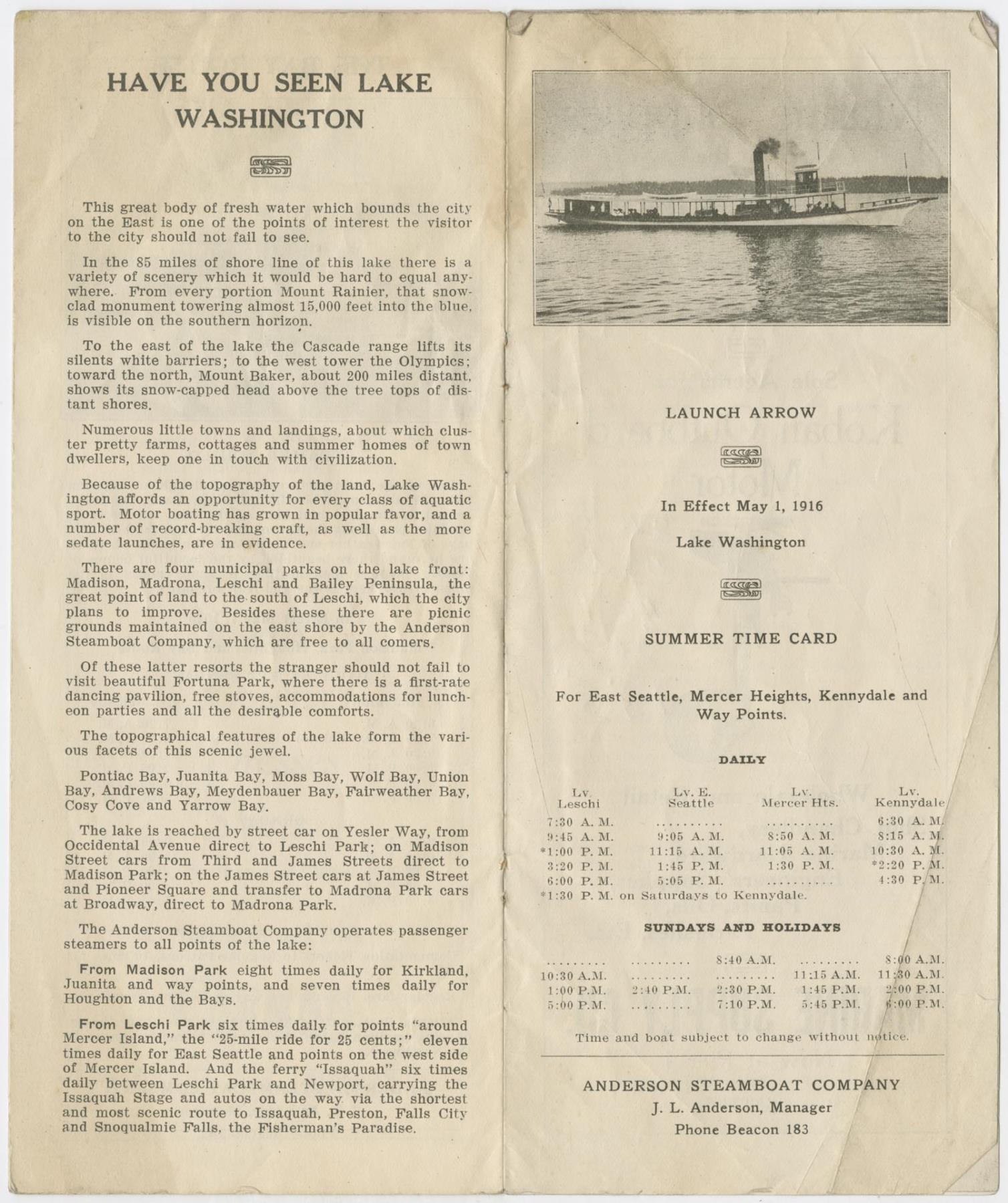 Image of Timetable of Lake Washington Steamers, 1916