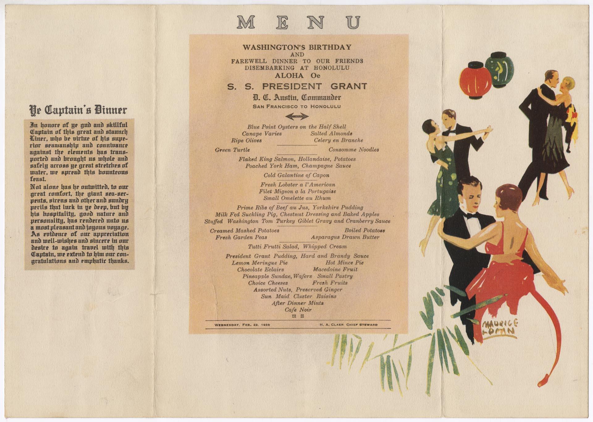 Image of S. S. President Grant menu, February 22, 1928
