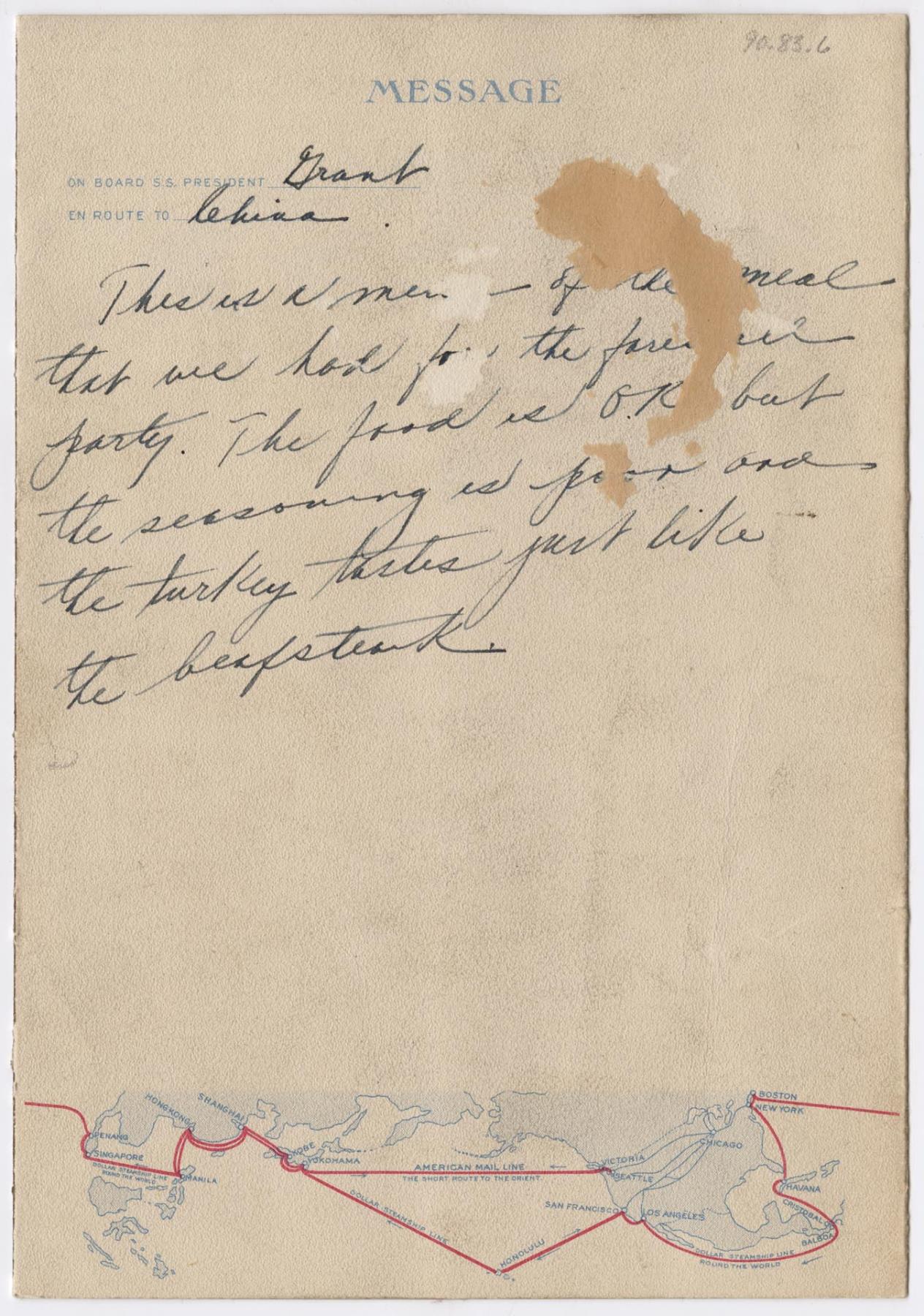 Image of S. S. President Grant menu, February 22, 1928
