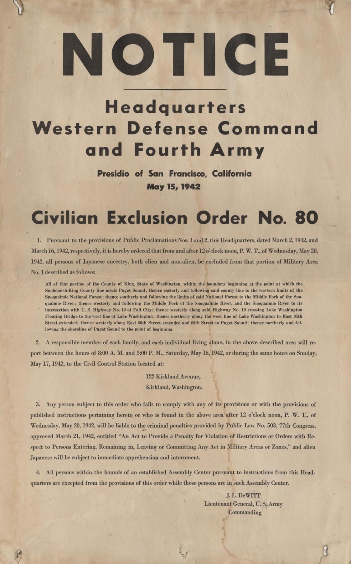 Image of Civilian Exclusion Order No. 80 poster, King County, March 1942
