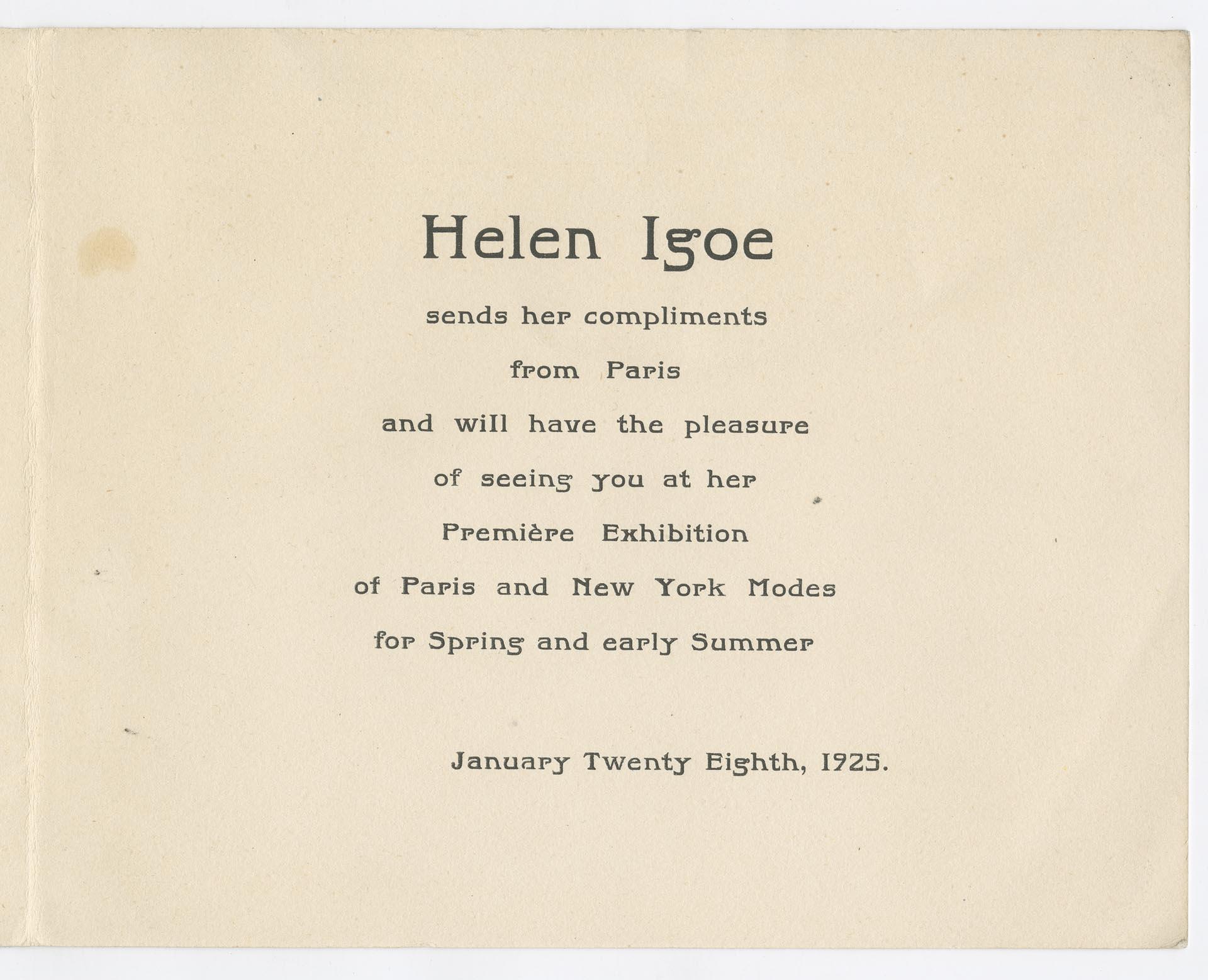 Image of Invitation to fashion event at Helen Igoe Shop for Women, Seattle, January 28, 1925