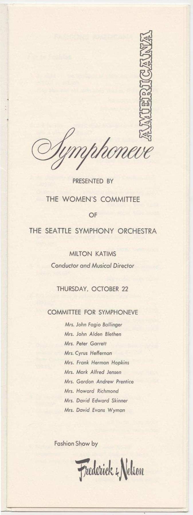 Image of Symphoneve Americana fashion show program, Seattle, October 22, 1959