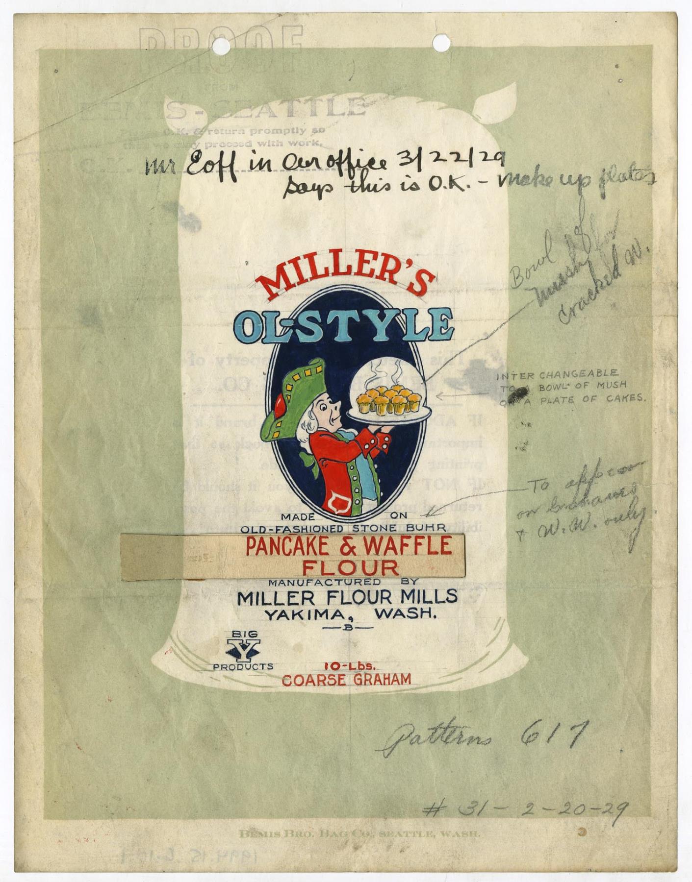 Image of Miller's Ol-Style flour bag design, 1929